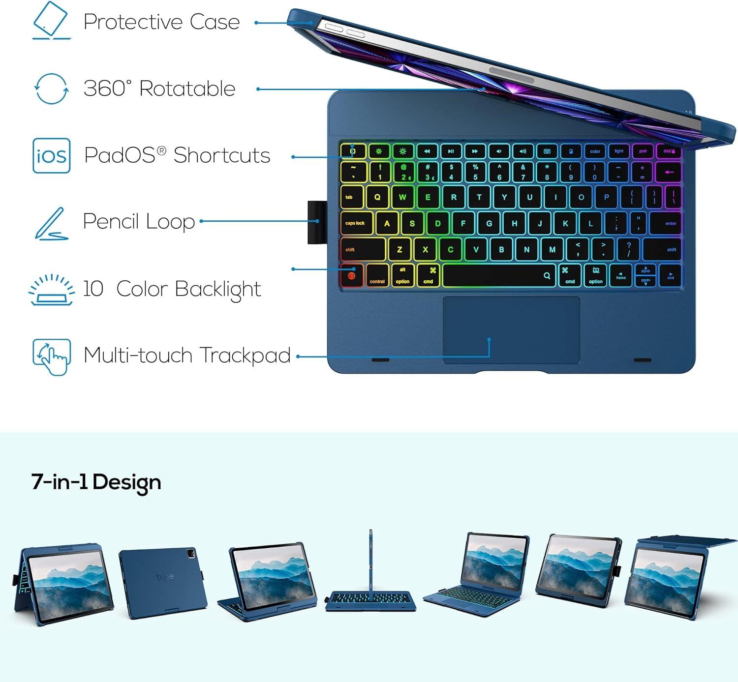 image:imagetypecase Touch Keyboard Case for iPad Air 11inchM3M2 20252024 amp iPad Pro 114th3rd2nd1st Gen MultiTouch Trackpad 11Color Backlight 360Rotatable for iPad Air 54th Gen BlackPacific Blue