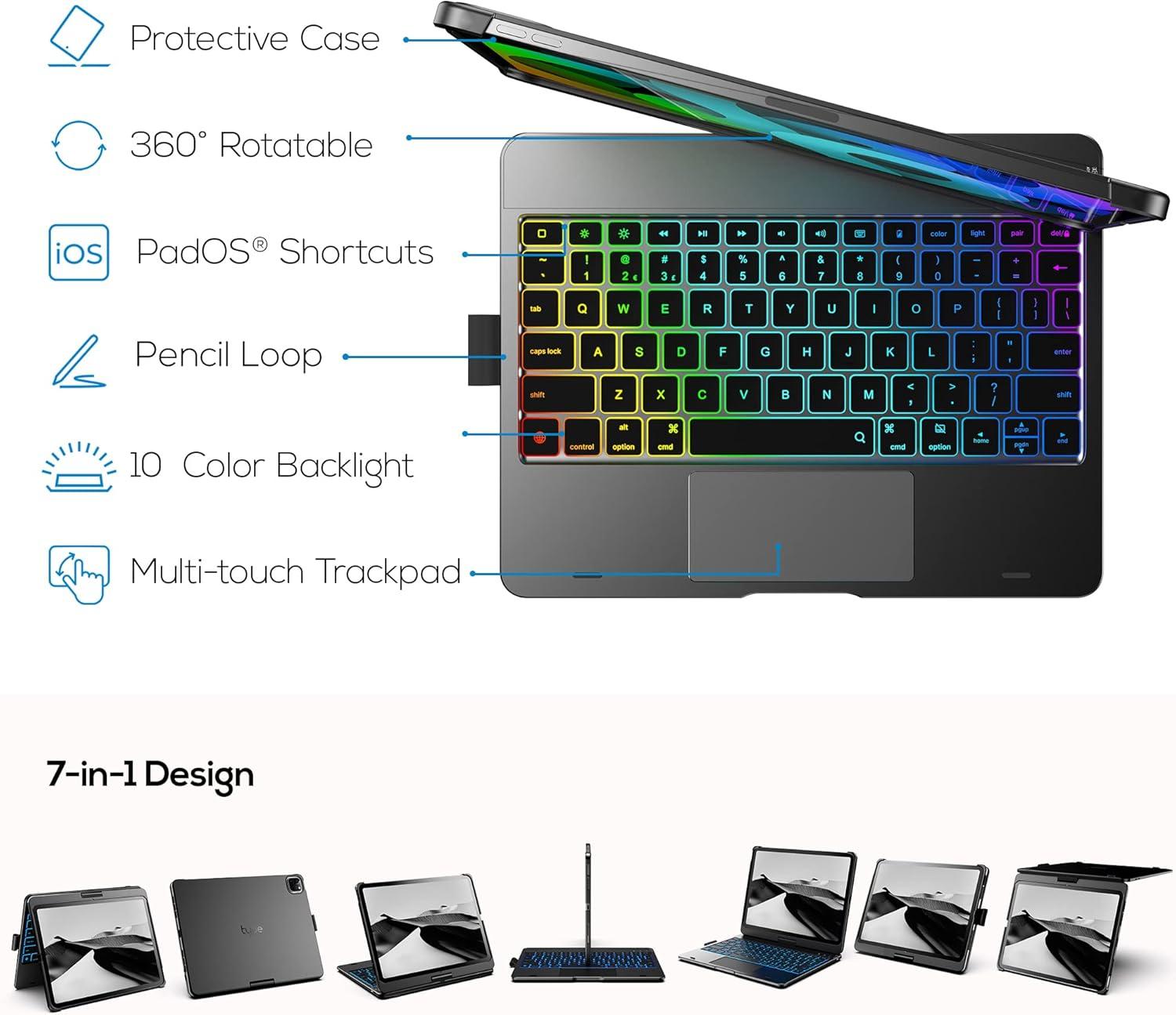 image:imagetypecase Touch Keyboard Case for iPad Air 11inchM3M2 20252024 amp iPad Pro 114th3rd2nd1st Gen MultiTouch Trackpad 11Color Backlight 360Rotatable for iPad Air 54th Gen BlackGray