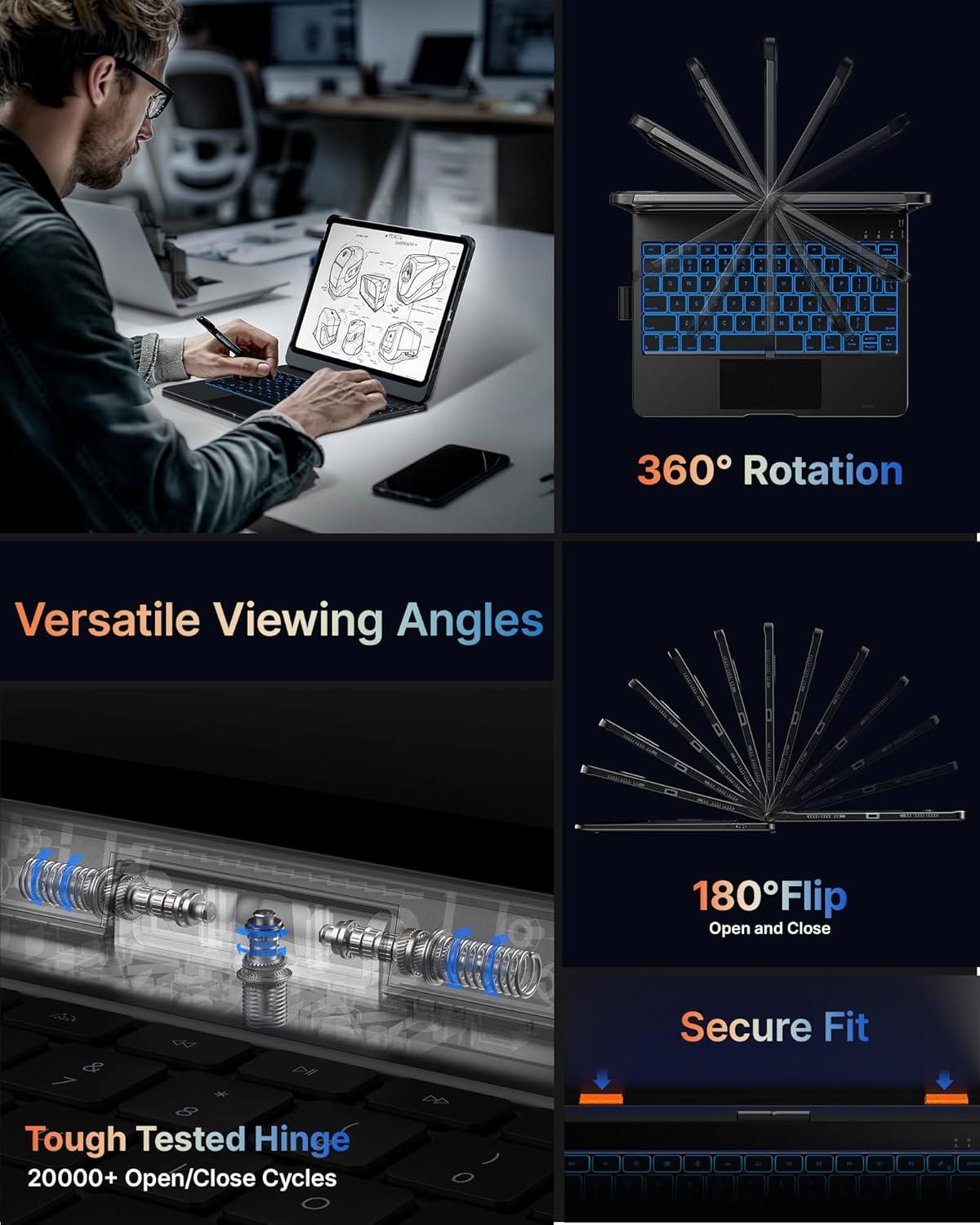 image:imagetypecase Touch Keyboard Case for iPad Air 11inchM3M2 20252024 amp iPad Pro 114th3rd2nd1st Gen MultiTouch Trackpad 11Color Backlight 360Rotatable for iPad Air 54th Gen BlackBlack