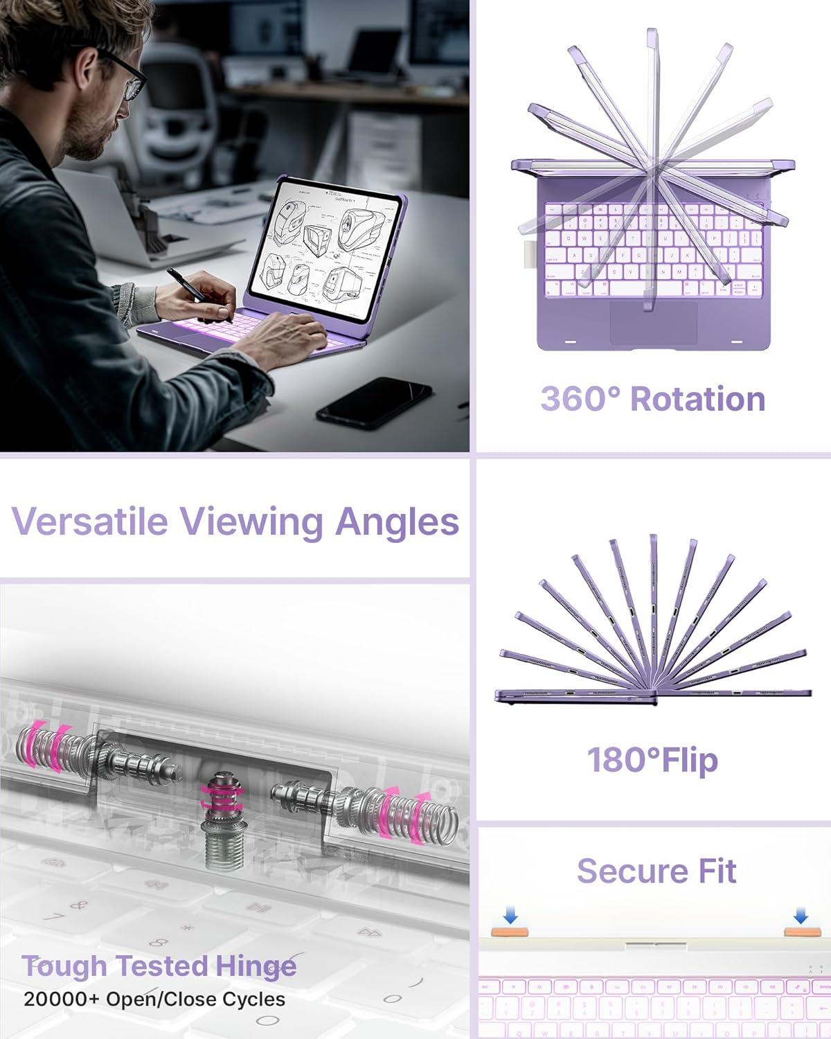 image:imagetypecase Touch Keyboard Case for iPad Air 11inchM3M2 20252024 amp iPad Pro 114th3rd2nd1st Gen MultiTouch Trackpad 11Color Backlight 360Rotatable for iPad Air 54th Gen BlackLight Purple