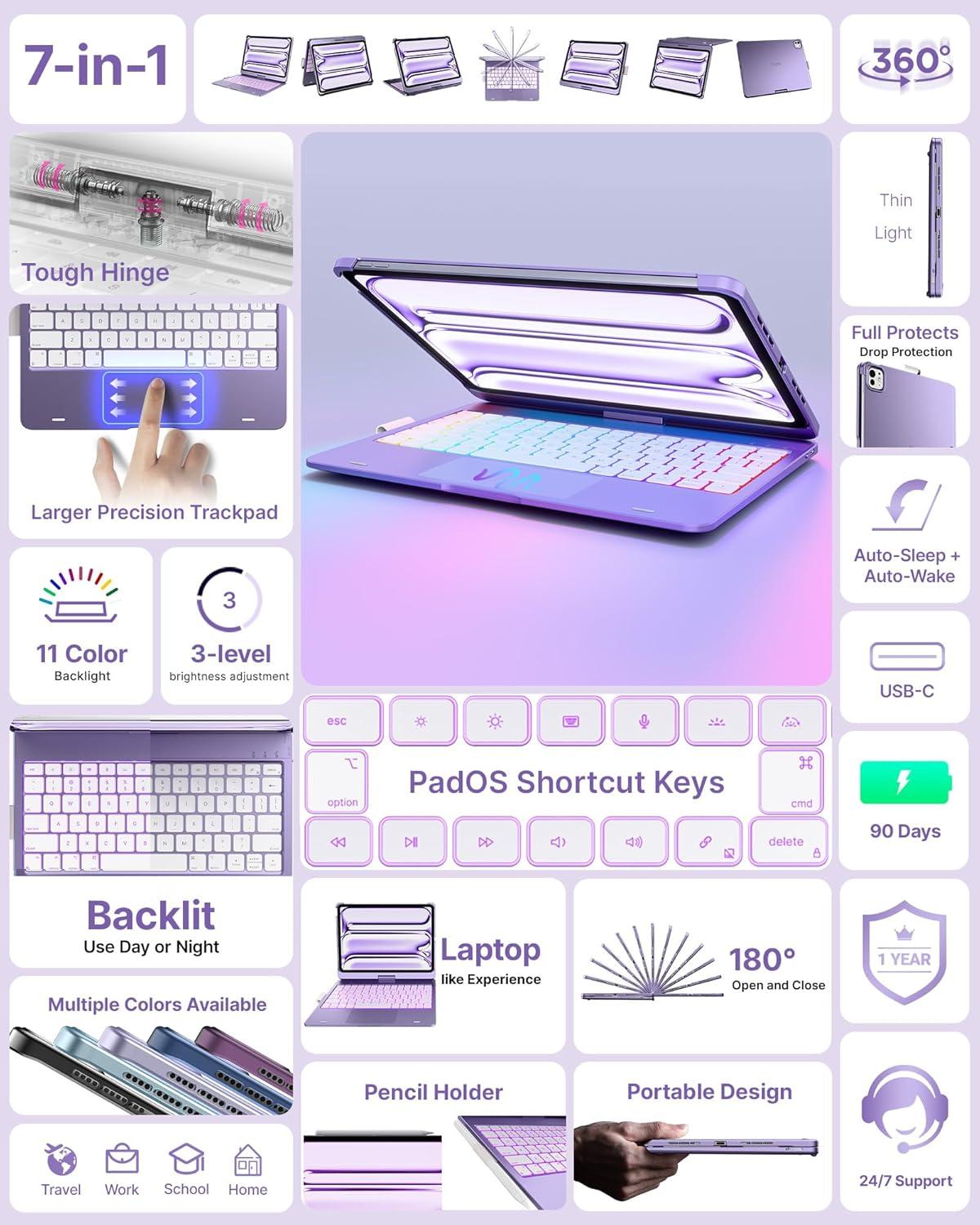 image:imagetypecase Touch Keyboard Case for iPad Air 11inchM3M2 20252024 amp iPad Pro 114th3rd2nd1st Gen MultiTouch Trackpad 11Color Backlight 360Rotatable for iPad Air 54th Gen BlackLight Purple