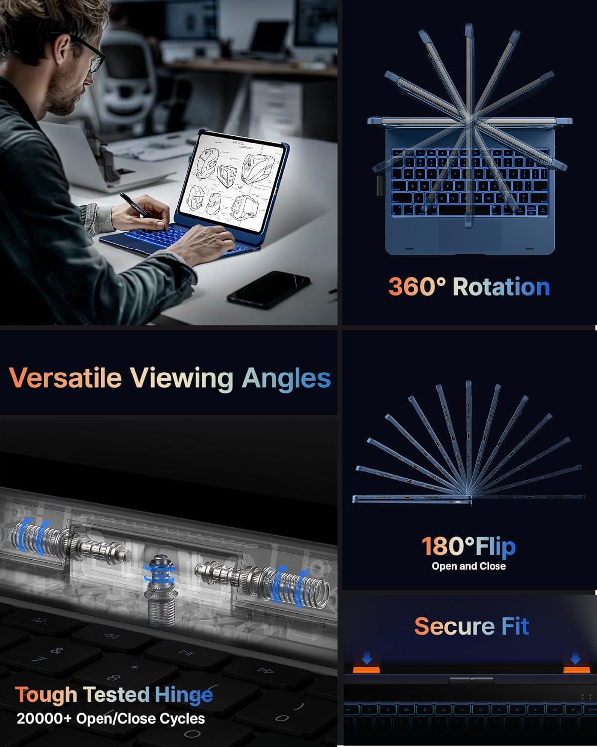 image:imagetypecase Touch Keyboard Case for iPad Air 11inchM3M2 20252024 amp iPad Pro 114th3rd2nd1st Gen MultiTouch Trackpad 11Color Backlight 360Rotatable for iPad Air 54th Gen BlackMidnight Blue
