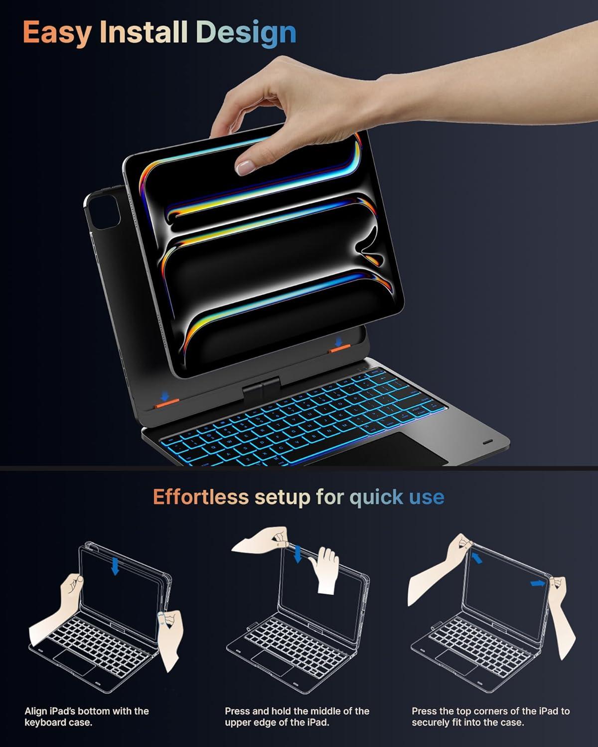 image:imagetypecase Touch Keyboard Case for iPad Air 11inchM3M2 20252024 amp iPad Pro 114th3rd2nd1st Gen MultiTouch Trackpad 11Color Backlight 360Rotatable for iPad Air 54th Gen BlackBlack