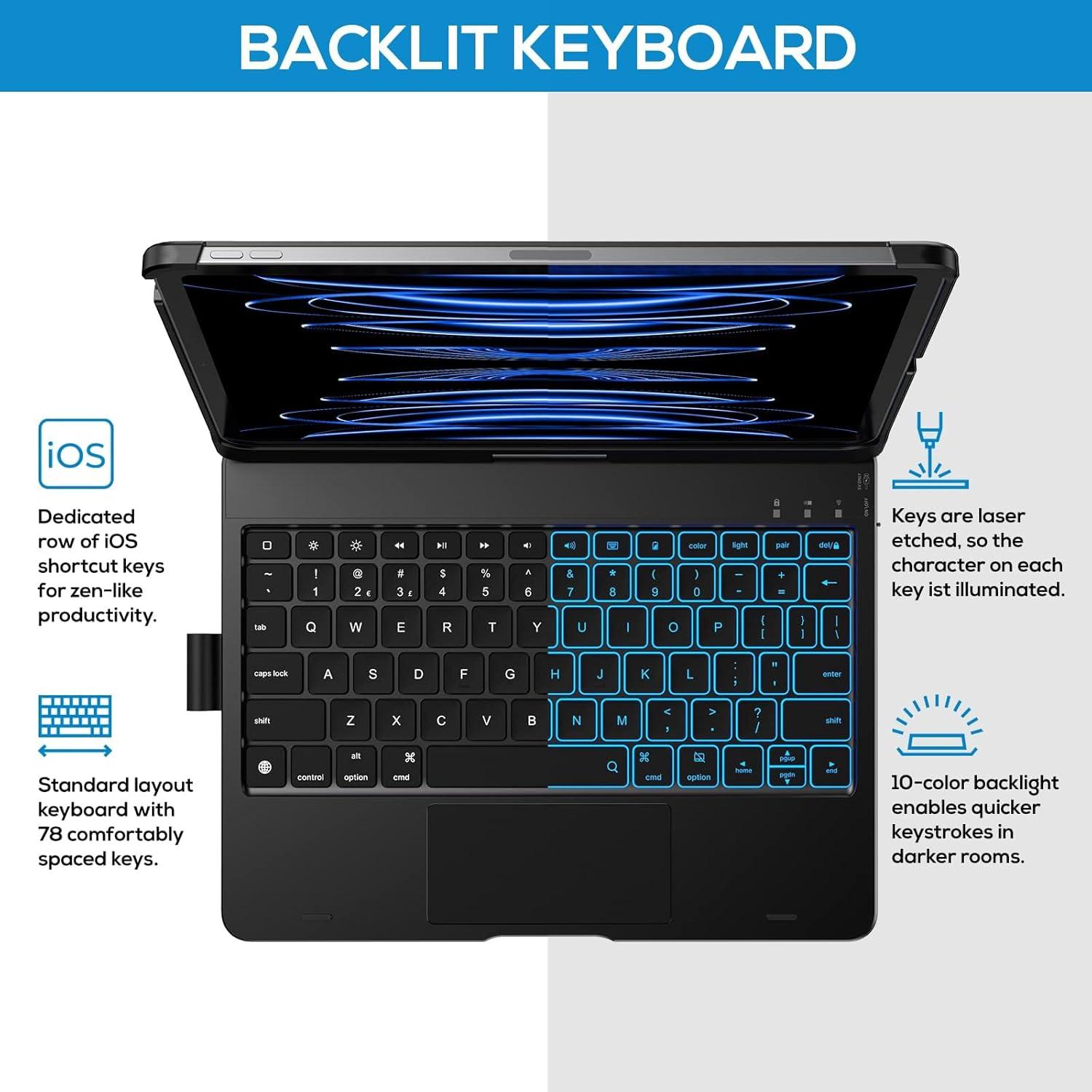 image:imagetypecase Touch Keyboard Case for iPad Air 11inchM3M2 20252024 amp iPad Pro 114th3rd2nd1st Gen MultiTouch Trackpad 11Color Backlight 360Rotatable for iPad Air 54th Gen BlackBlack