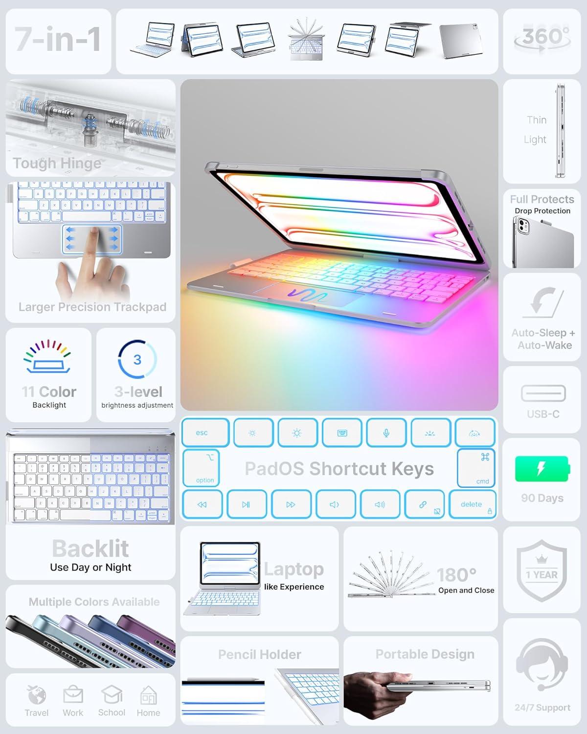 image:imagetypecase Touch Keyboard Case for iPad Air 11inchM3M2 20252024 amp iPad Pro 114th3rd2nd1st Gen MultiTouch Trackpad 11Color Backlight 360Rotatable for iPad Air 54th Gen BlackSilver