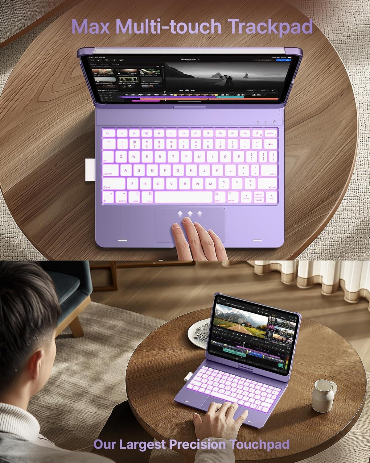 image:imagetypecase Touch Keyboard Case for iPad Air 11inchM3M2 20252024 amp iPad Pro 114th3rd2nd1st Gen MultiTouch Trackpad 11Color Backlight 360Rotatable for iPad Air 54th Gen BlackLight Purple