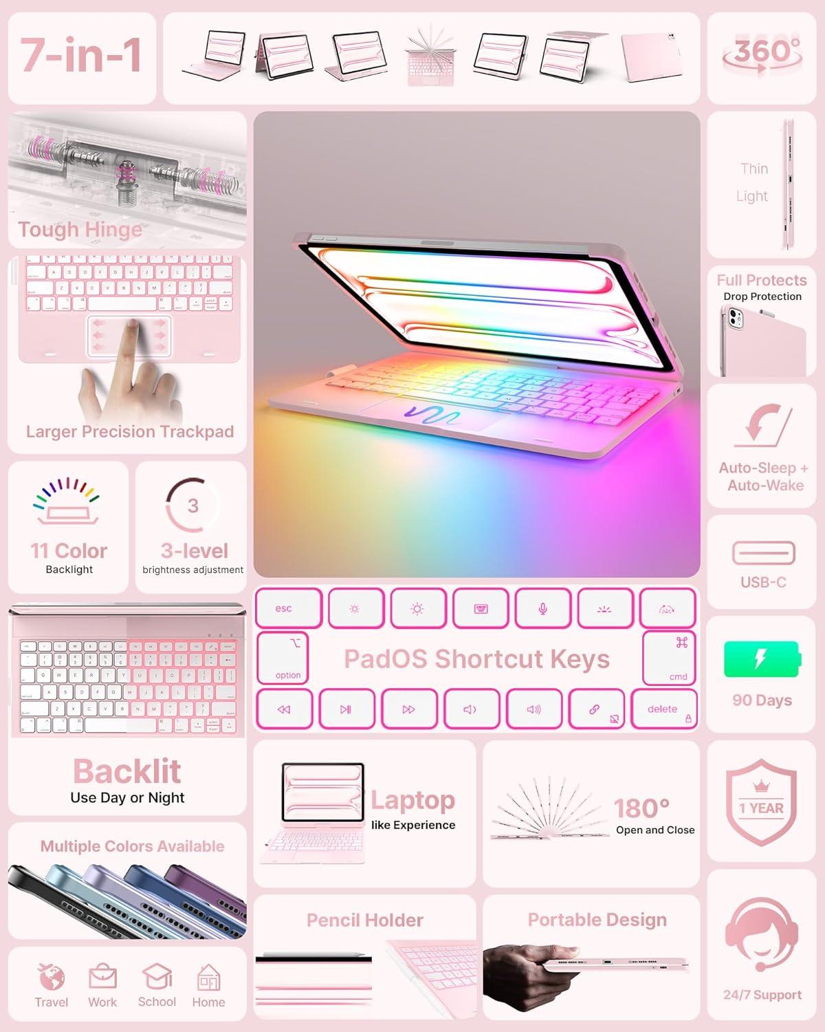 image:imagetypecase Touch Keyboard Case for iPad Air 11inchM3M2 20252024 amp iPad Pro 114th3rd2nd1st Gen MultiTouch Trackpad 11Color Backlight 360Rotatable for iPad Air 54th Gen BlackLight Pink