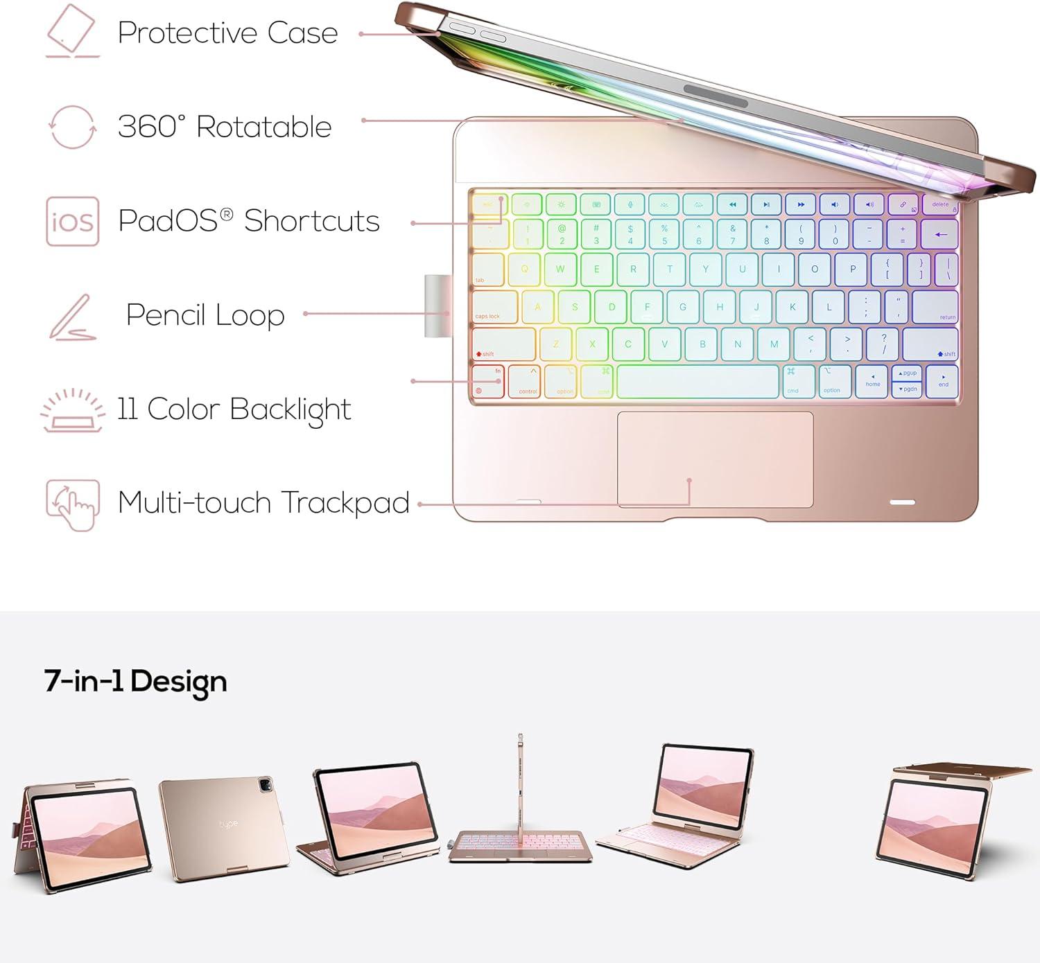 image:imagetypecase Touch Keyboard Case for iPad Air 11inchM3M2 20252024 amp iPad Pro 114th3rd2nd1st Gen MultiTouch Trackpad 11Color Backlight 360Rotatable for iPad Air 54th Gen Rose Gold