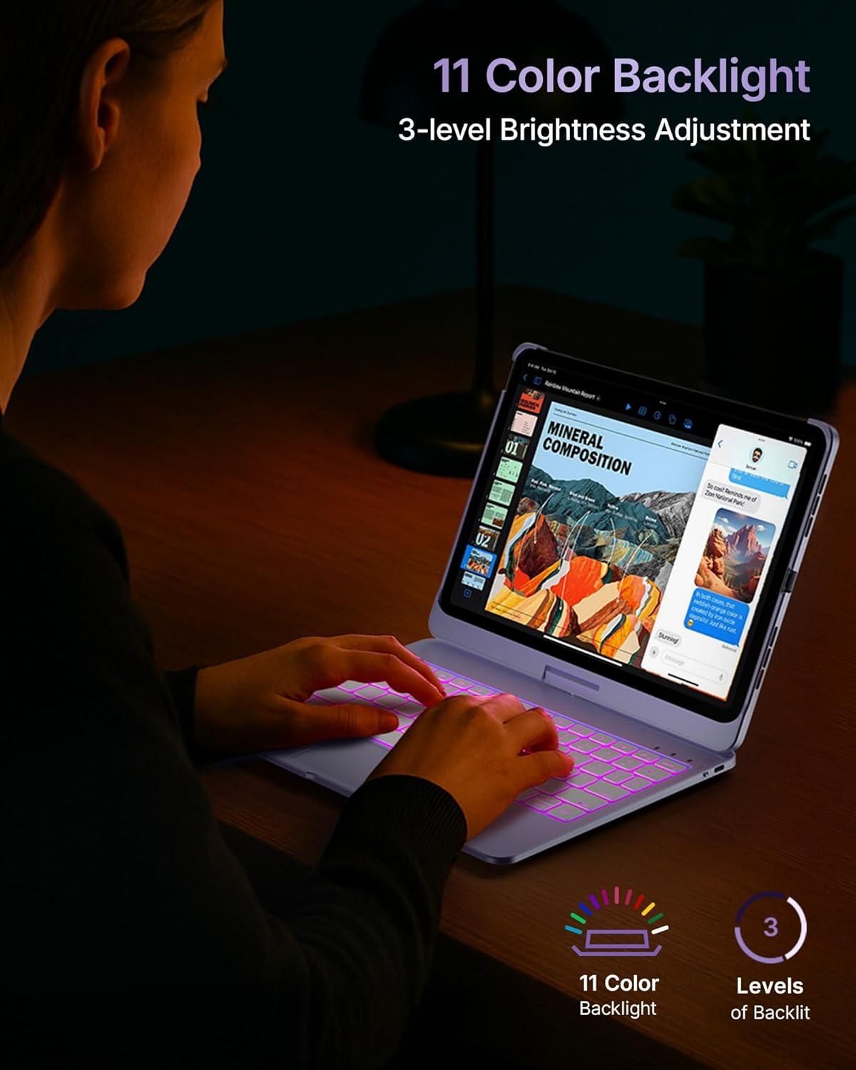 image:imagetypecase Touch Keyboard Case for iPad Air 11inchM3M2 20252024 amp iPad Pro 114th3rd2nd1st Gen MultiTouch Trackpad 11Color Backlight 360Rotatable for iPad Air 54th Gen BlackLight Purple
