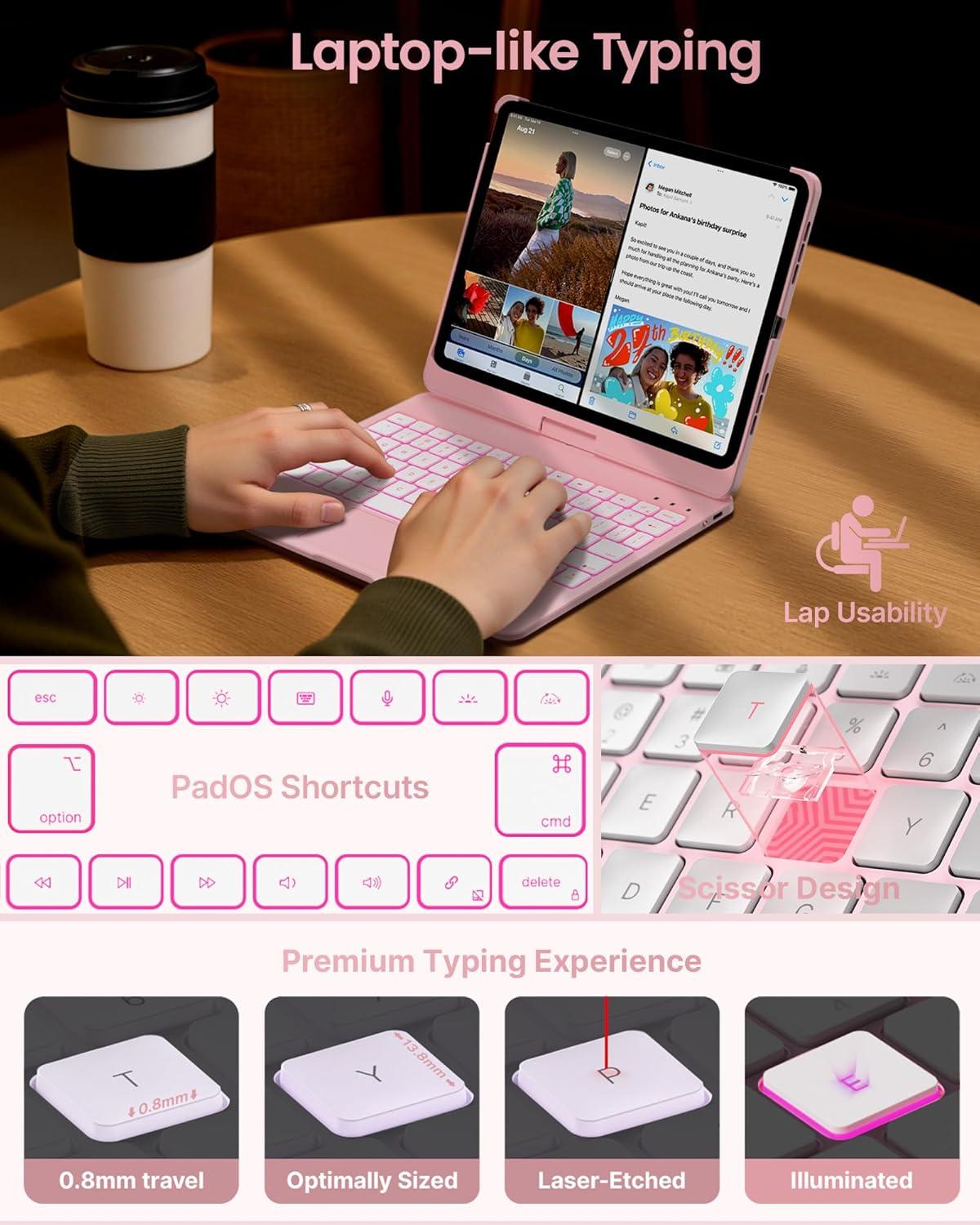 image:imagetypecase Touch Keyboard Case for iPad Air 11inchM3M2 20252024 amp iPad Pro 114th3rd2nd1st Gen MultiTouch Trackpad 11Color Backlight 360Rotatable for iPad Air 54th Gen BlackLight Pink