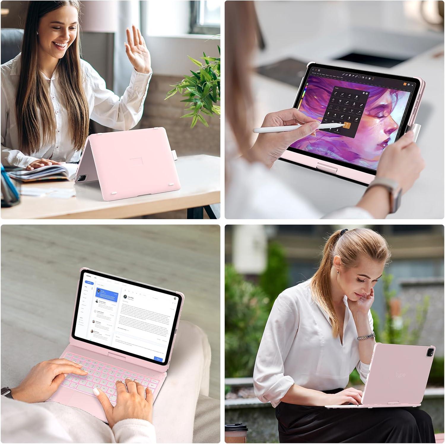 image:imagetypecase Touch Keyboard Case for iPad Air 11inchM3M2 20252024 amp iPad Pro 114th3rd2nd1st Gen MultiTouch Trackpad 11Color Backlight 360Rotatable for iPad Air 54th Gen BlackLight Pink