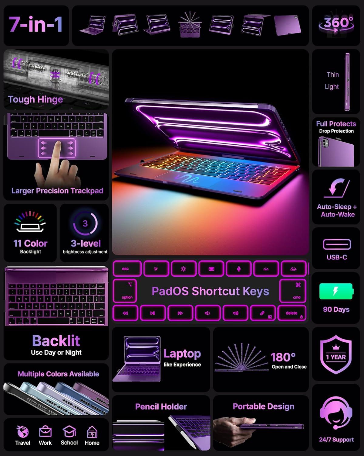 image:imagetypecase Touch Keyboard Case for iPad Air 11inchM3M2 20252024 amp iPad Pro 114th3rd2nd1st Gen MultiTouch Trackpad 11Color Backlight 360Rotatable for iPad Air 54th Gen BlackViolet