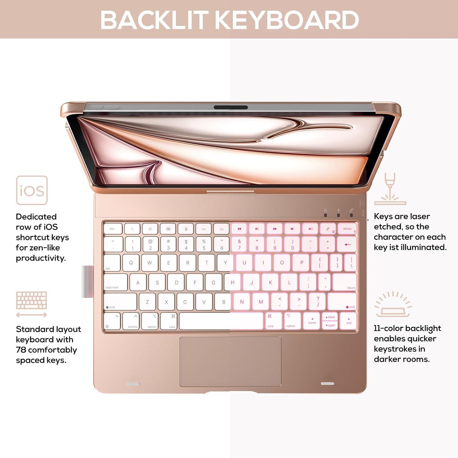 image:imagetypecase Touch Keyboard Case for iPad Air 11inchM3M2 20252024 amp iPad Pro 114th3rd2nd1st Gen MultiTouch Trackpad 11Color Backlight 360Rotatable for iPad Air 54th Gen Rose Gold