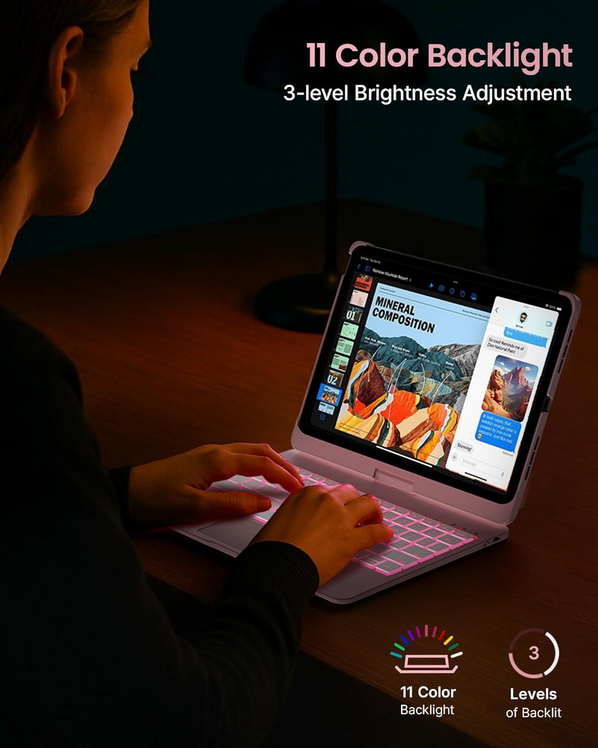 image:imagetypecase Touch Keyboard Case for iPad Air 11inchM3M2 20252024 amp iPad Pro 114th3rd2nd1st Gen MultiTouch Trackpad 11Color Backlight 360Rotatable for iPad Air 54th Gen BlackLight Pink
