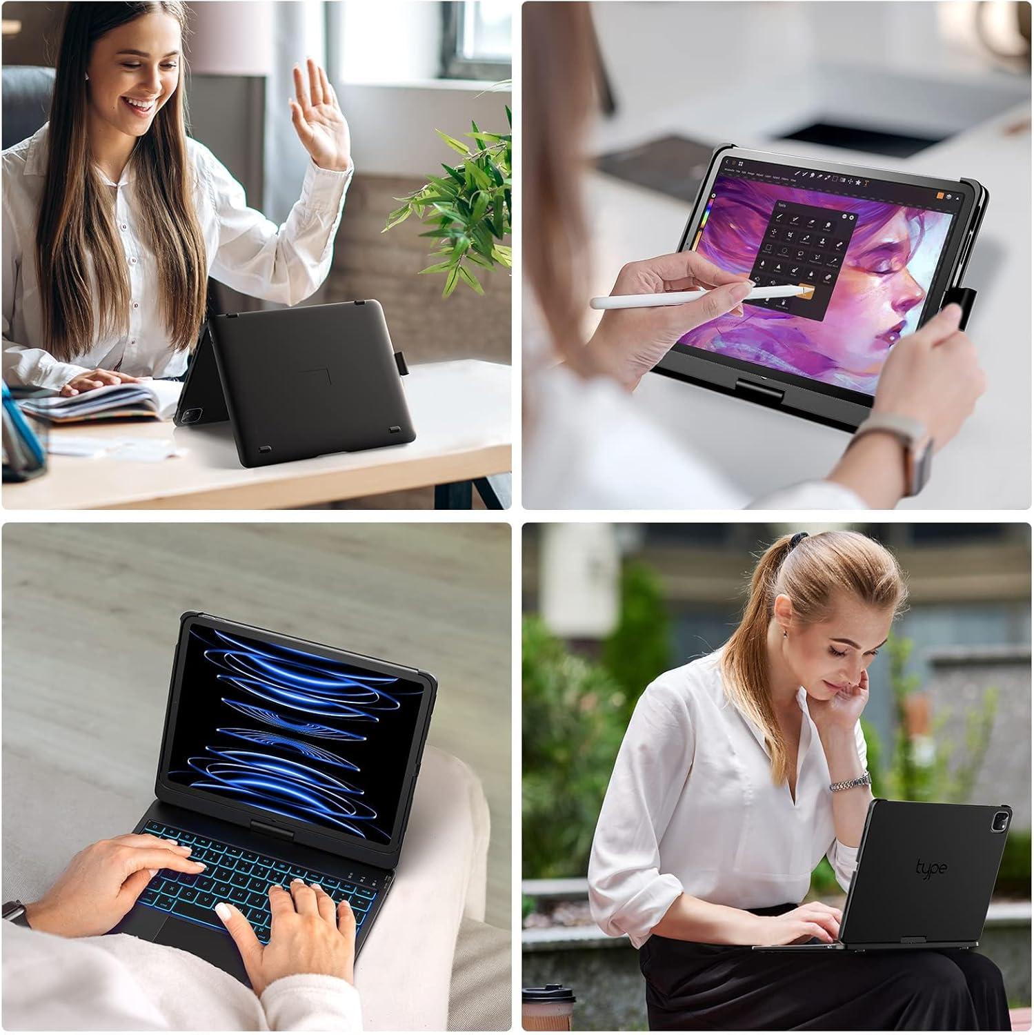 image:imagetypecase Touch Keyboard Case for iPad Air 11inchM3M2 20252024 amp iPad Pro 114th3rd2nd1st Gen MultiTouch Trackpad 11Color Backlight 360Rotatable for iPad Air 54th Gen BlackBlack
