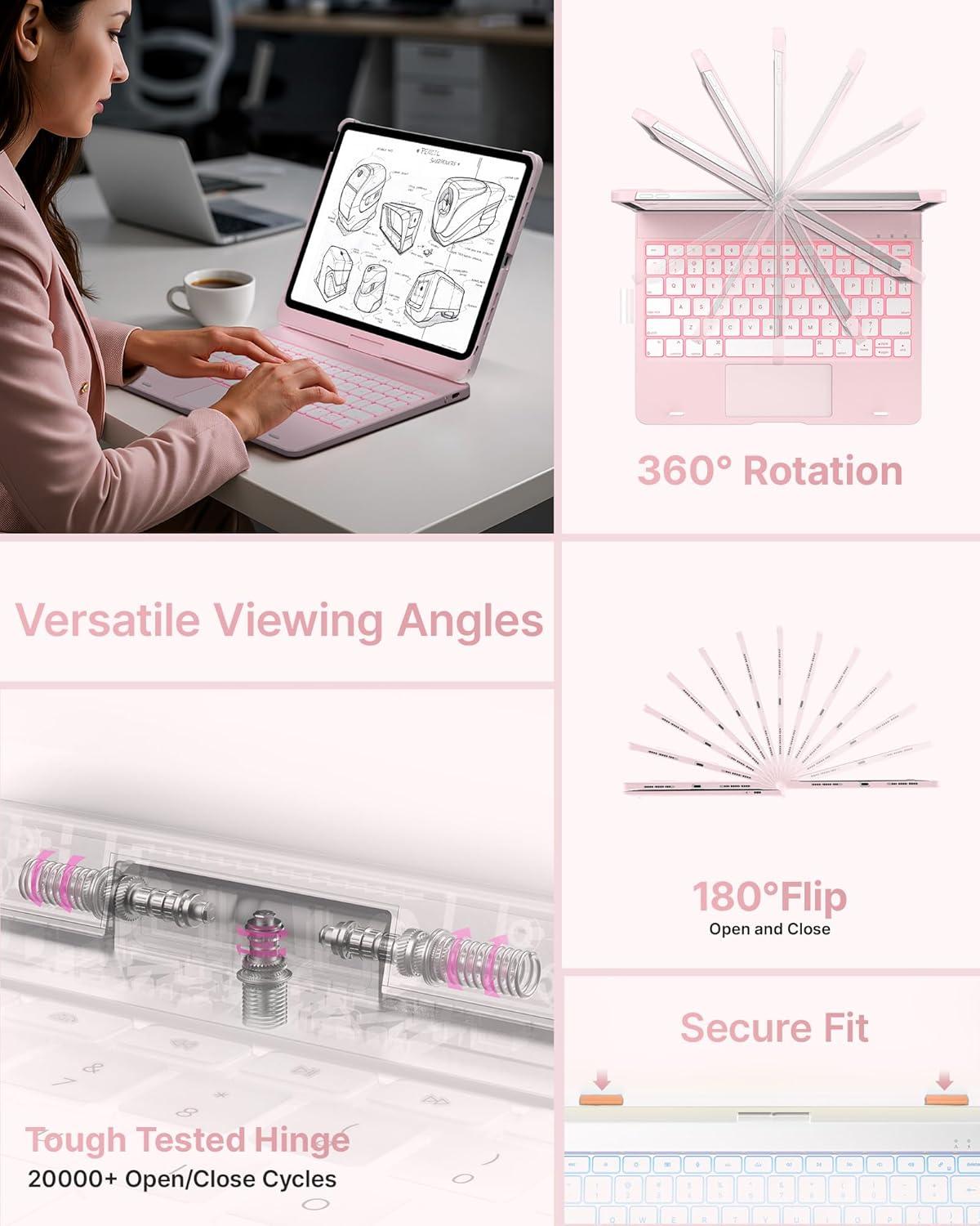 image:imagetypecase Touch Keyboard Case for iPad Air 11inchM3M2 20252024 amp iPad Pro 114th3rd2nd1st Gen MultiTouch Trackpad 11Color Backlight 360Rotatable for iPad Air 54th Gen BlackLight Pink