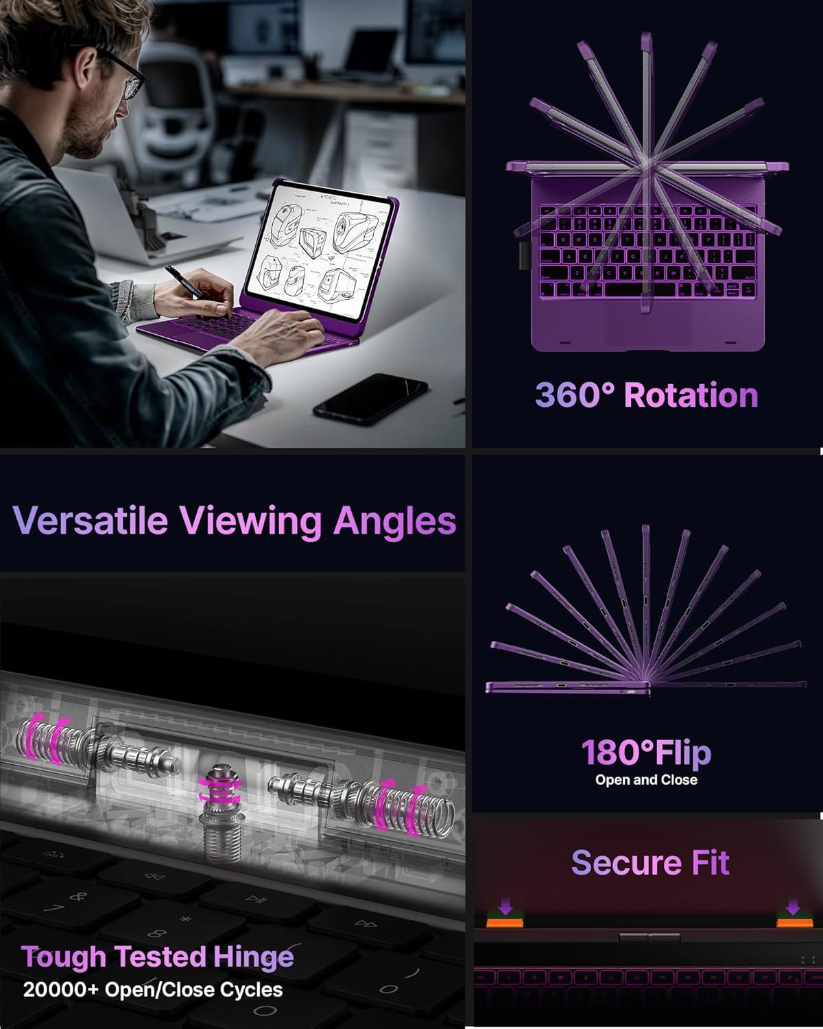 image:imagetypecase Touch Keyboard Case for iPad Air 11inchM3M2 20252024 amp iPad Pro 114th3rd2nd1st Gen MultiTouch Trackpad 11Color Backlight 360Rotatable for iPad Air 54th Gen BlackViolet