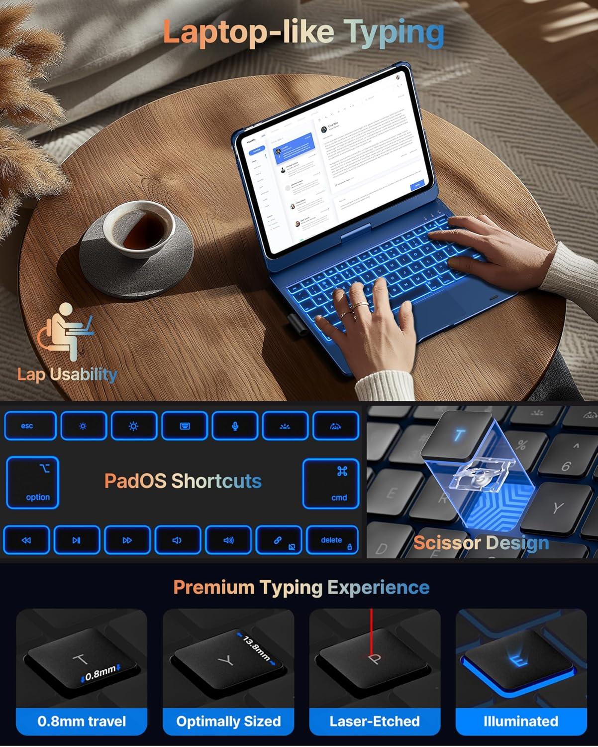 image:imagetypecase Touch Keyboard Case for iPad Air 11inchM3M2 20252024 amp iPad Pro 114th3rd2nd1st Gen MultiTouch Trackpad 11Color Backlight 360Rotatable for iPad Air 54th Gen BlackMidnight Blue