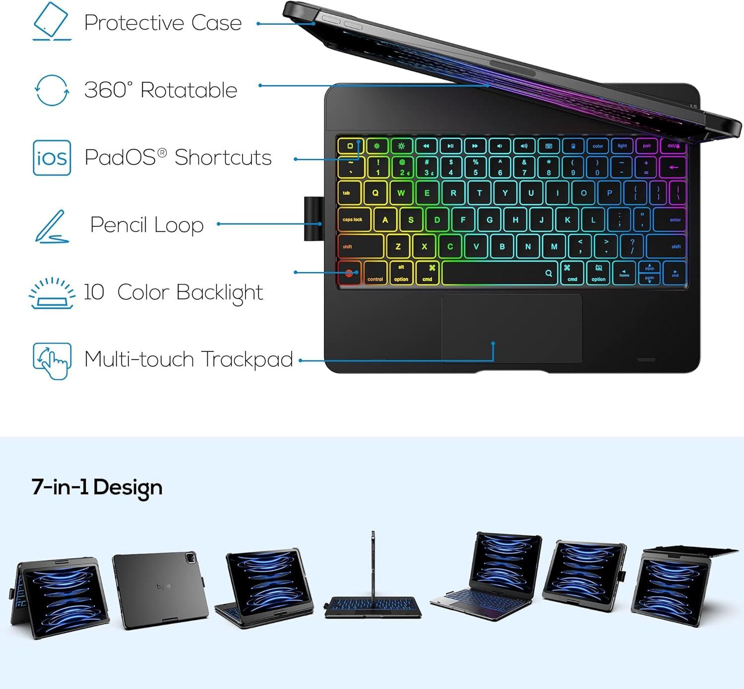 image:imagetypecase Touch Keyboard Case for iPad Air 11inchM3M2 20252024 amp iPad Pro 114th3rd2nd1st Gen MultiTouch Trackpad 11Color Backlight 360Rotatable for iPad Air 54th Gen BlackBlack