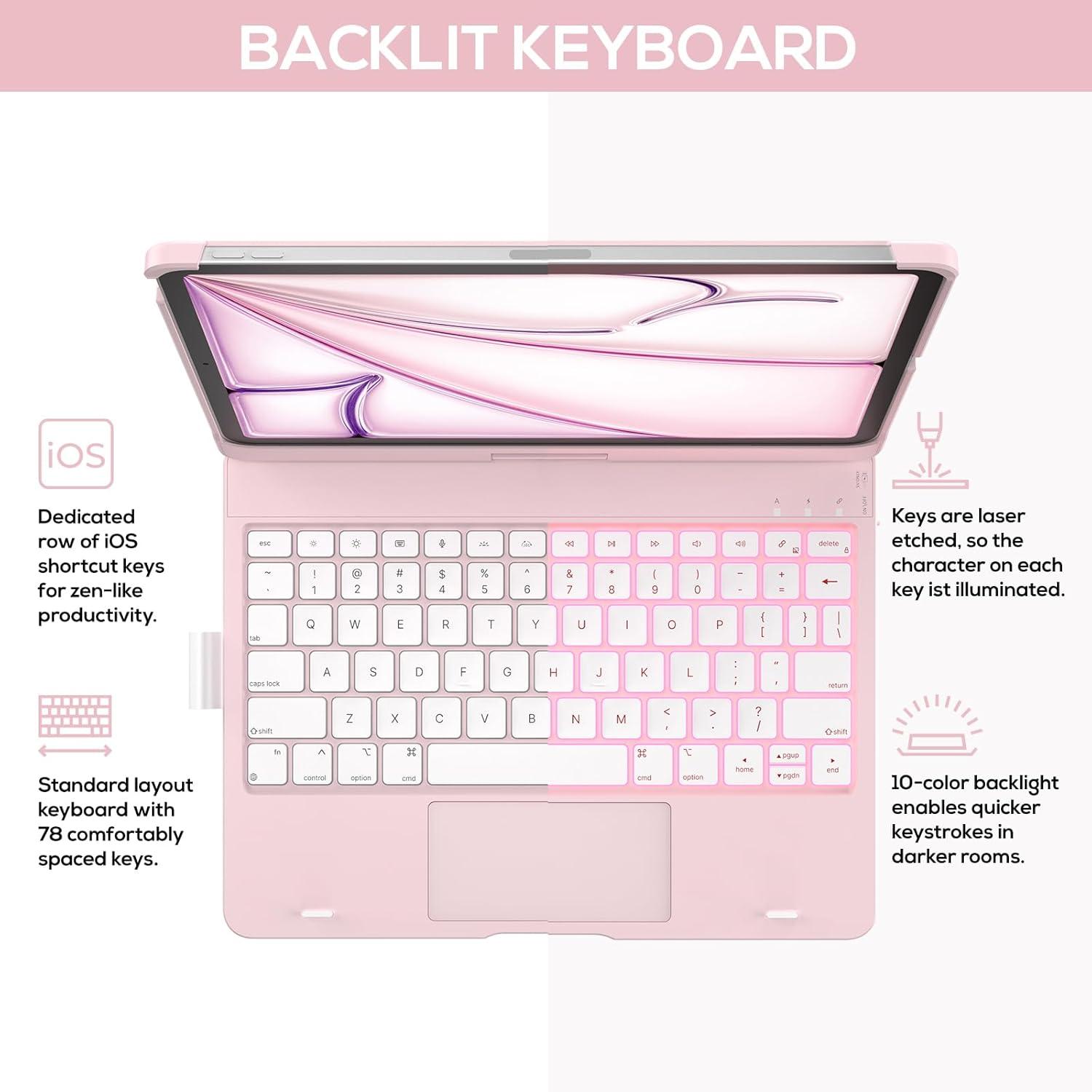 image:imagetypecase Touch Keyboard Case for iPad Air 11inchM3M2 20252024 amp iPad Pro 114th3rd2nd1st Gen MultiTouch Trackpad 11Color Backlight 360Rotatable for iPad Air 54th Gen BlackLight Pink