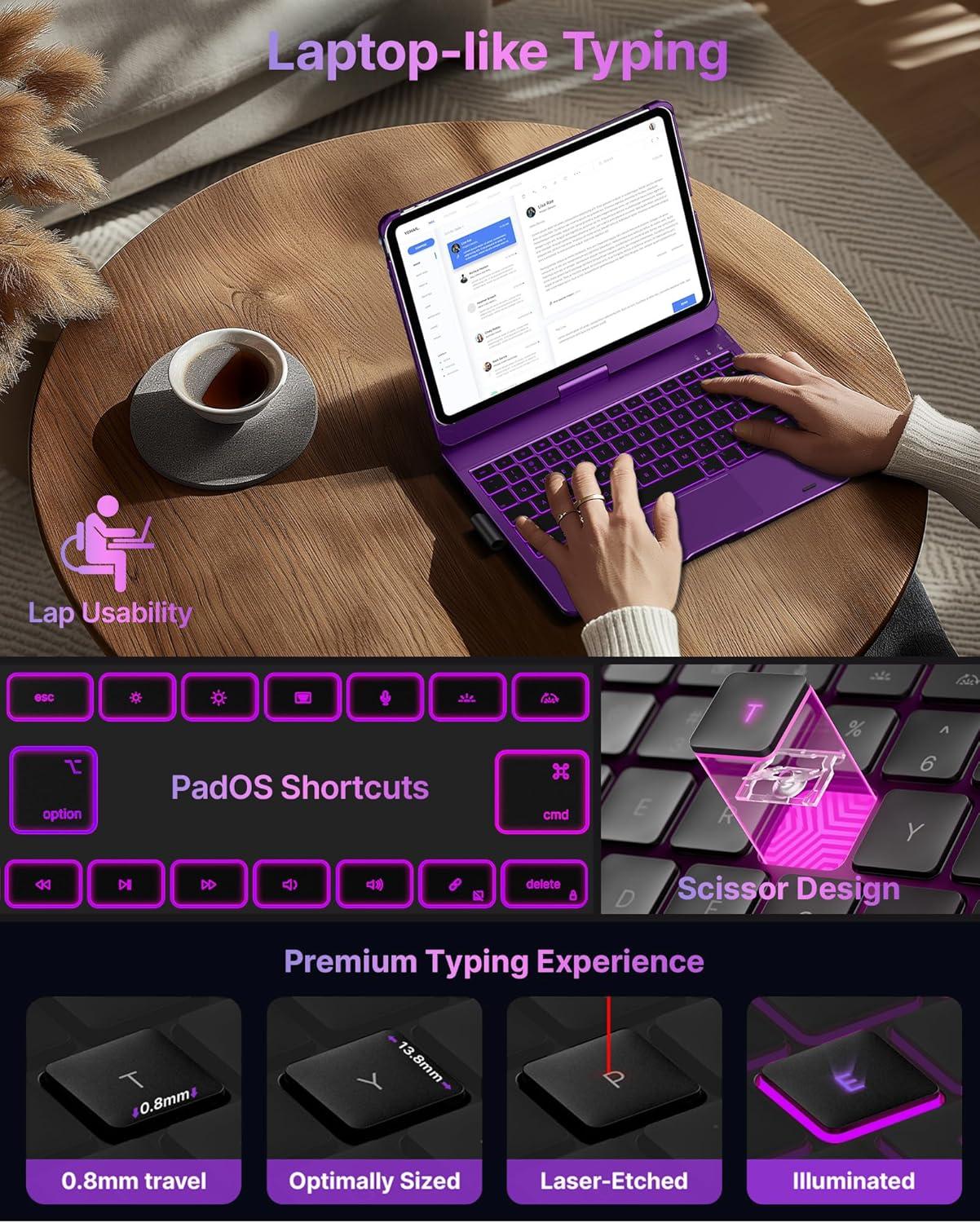image:imagetypecase Touch Keyboard Case for iPad Air 11inchM3M2 20252024 amp iPad Pro 114th3rd2nd1st Gen MultiTouch Trackpad 11Color Backlight 360Rotatable for iPad Air 54th Gen BlackViolet