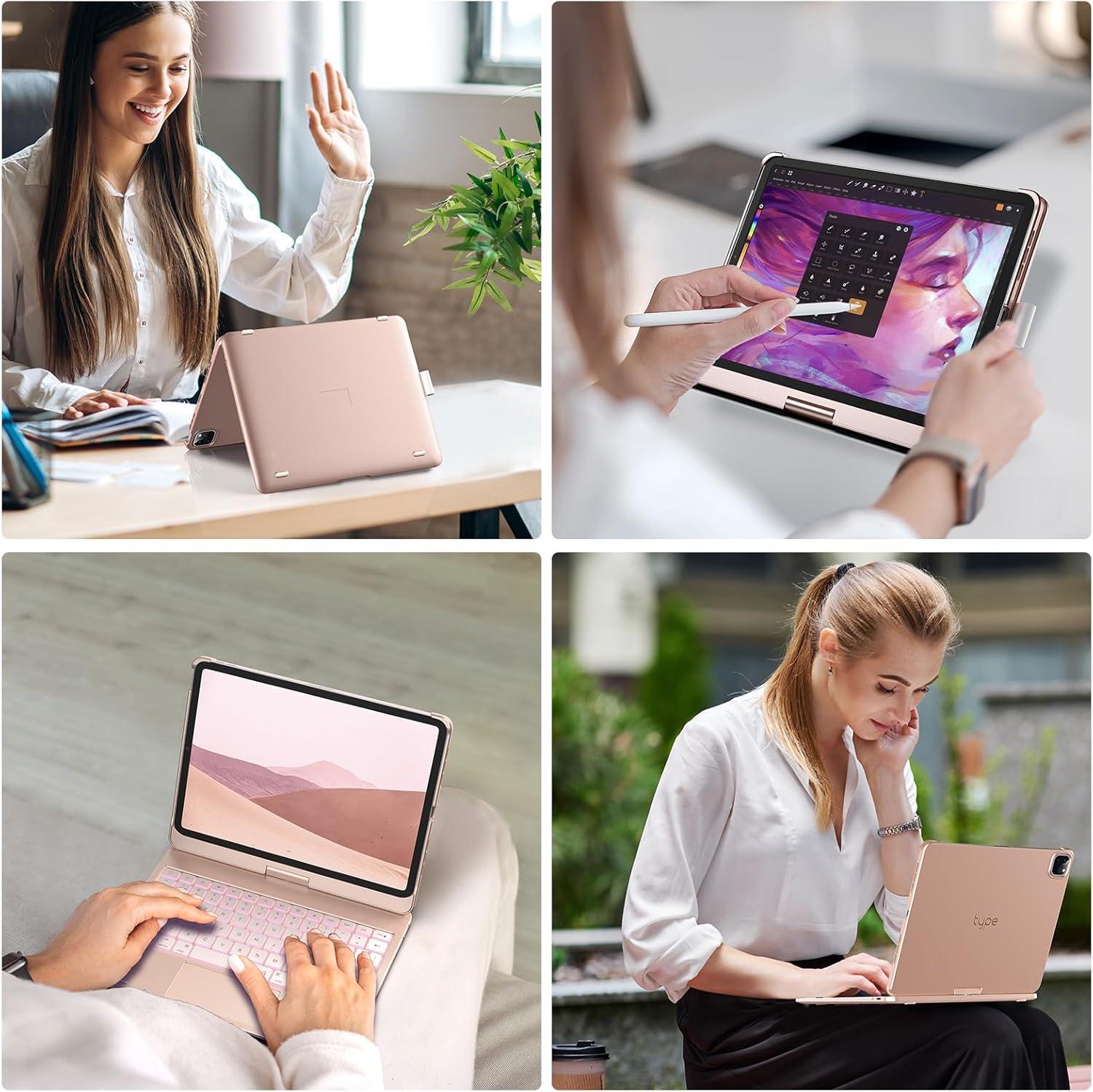 image:imagetypecase Touch Keyboard Case for iPad Air 11inchM3M2 20252024 amp iPad Pro 114th3rd2nd1st Gen MultiTouch Trackpad 11Color Backlight 360Rotatable for iPad Air 54th Gen Rose Gold
