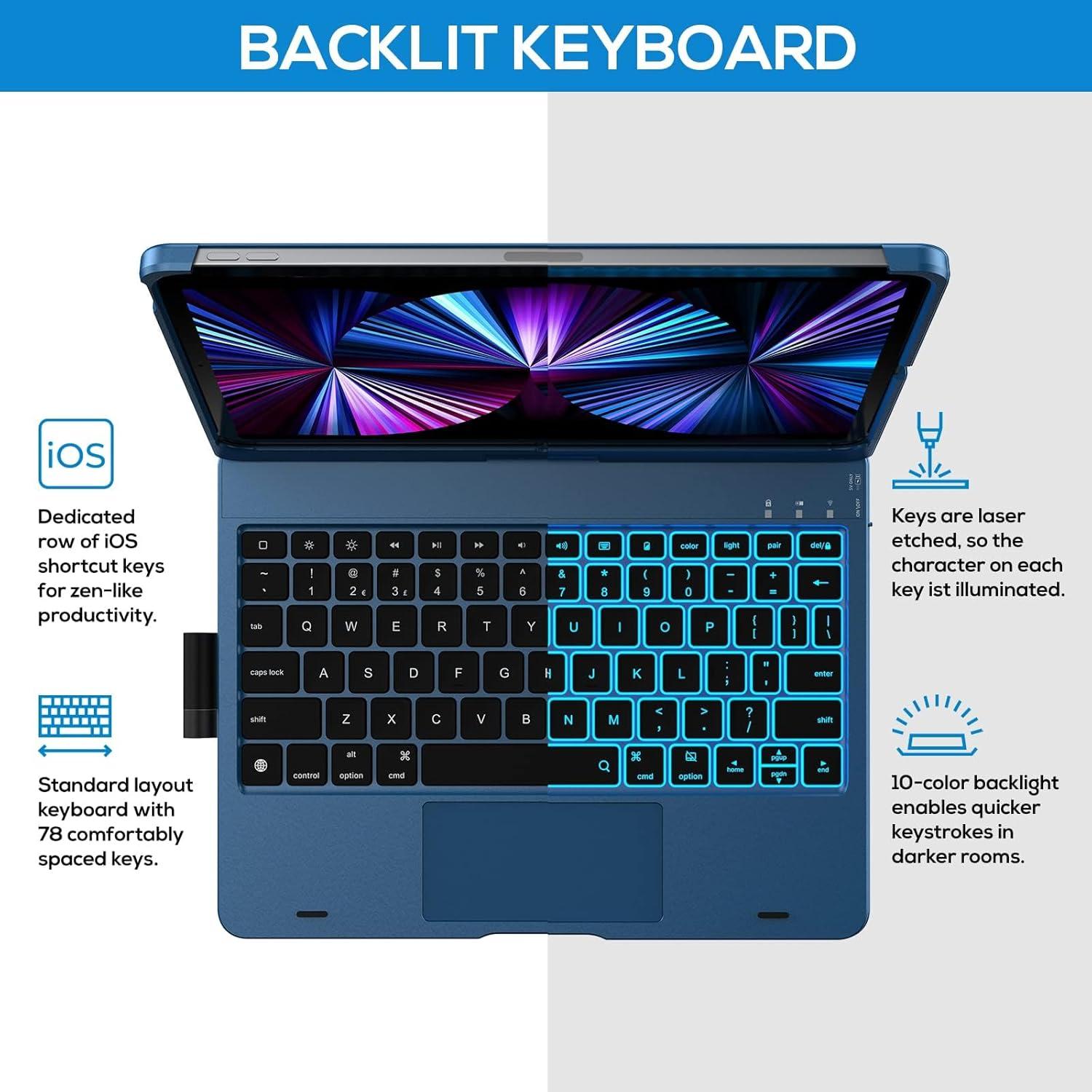 image:imagetypecase Touch Keyboard Case for iPad Air 11inchM3M2 20252024 amp iPad Pro 114th3rd2nd1st Gen MultiTouch Trackpad 11Color Backlight 360Rotatable for iPad Air 54th Gen BlackPacific Blue