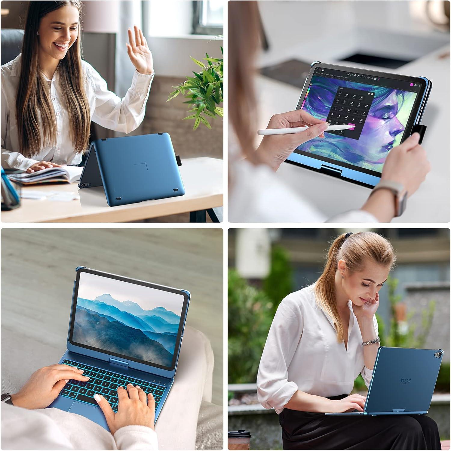 image:imagetypecase Touch Keyboard Case with Trackpad for iPad Air 11inch M3 2025  M2 2024 360Rotatable  11 Colors Backlight  Wireless Keyboard with Pencil Holder for iPad Air 5th amp 4th GenSpace GrayPacific Blue