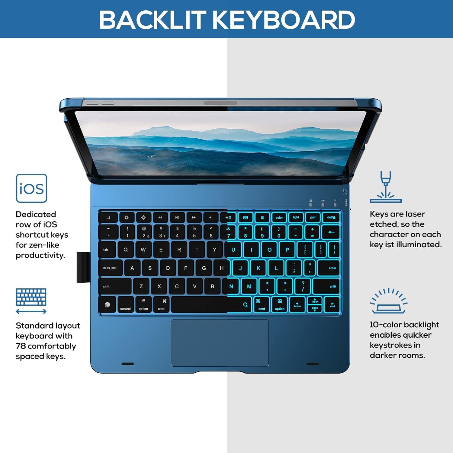 image:imagetypecase Touch Keyboard Case with Trackpad for iPad Air 11inch M3 2025  M2 2024 360Rotatable  11 Colors Backlight  Wireless Keyboard with Pencil Holder for iPad Air 5th amp 4th GenSpace GrayPacific Blue