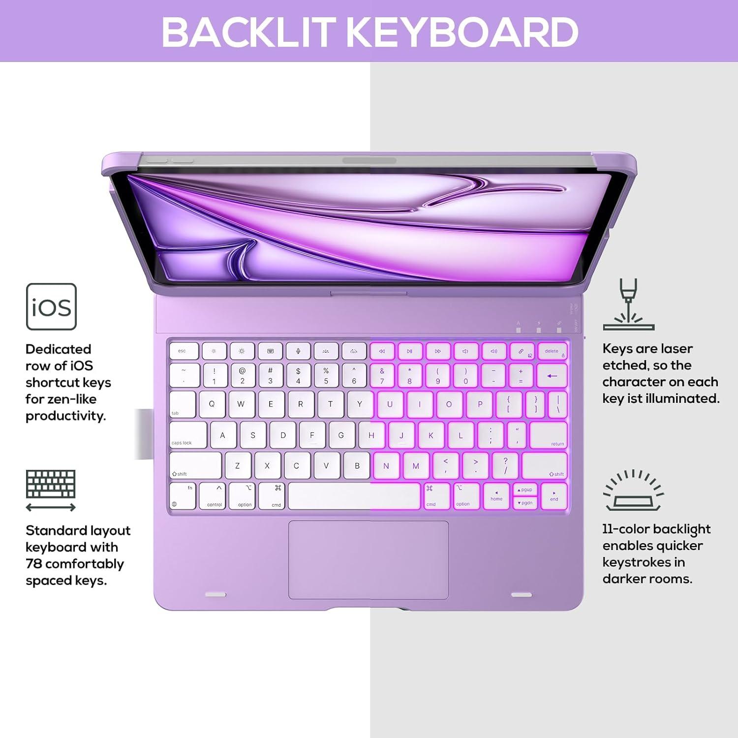 image:imagetypecase Touch Keyboard Case with Trackpad for iPad Air 11inch M3 2025  M2 2024 360Rotatable  11 Colors Backlight  Wireless Keyboard with Pencil Holder for iPad Air 5th amp 4th GenSpace GrayPurpleLilac