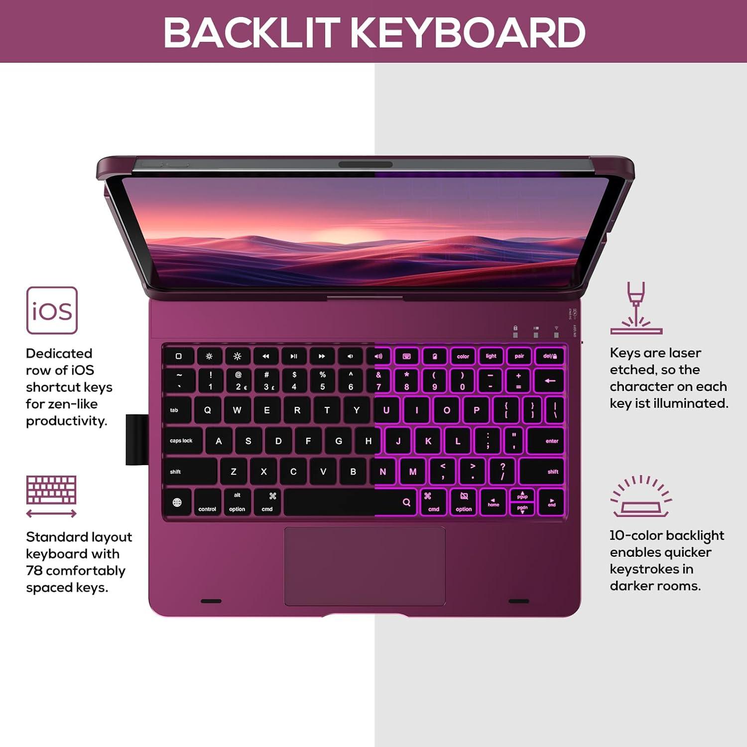 image:imagetypecase Touch Keyboard Case with Trackpad for iPad Air 11inch M3 2025  M2 2024 360Rotatable  11 Colors Backlight  Wireless Keyboard with Pencil Holder for iPad Air 5th amp 4th GenSpace GrayRaspberry