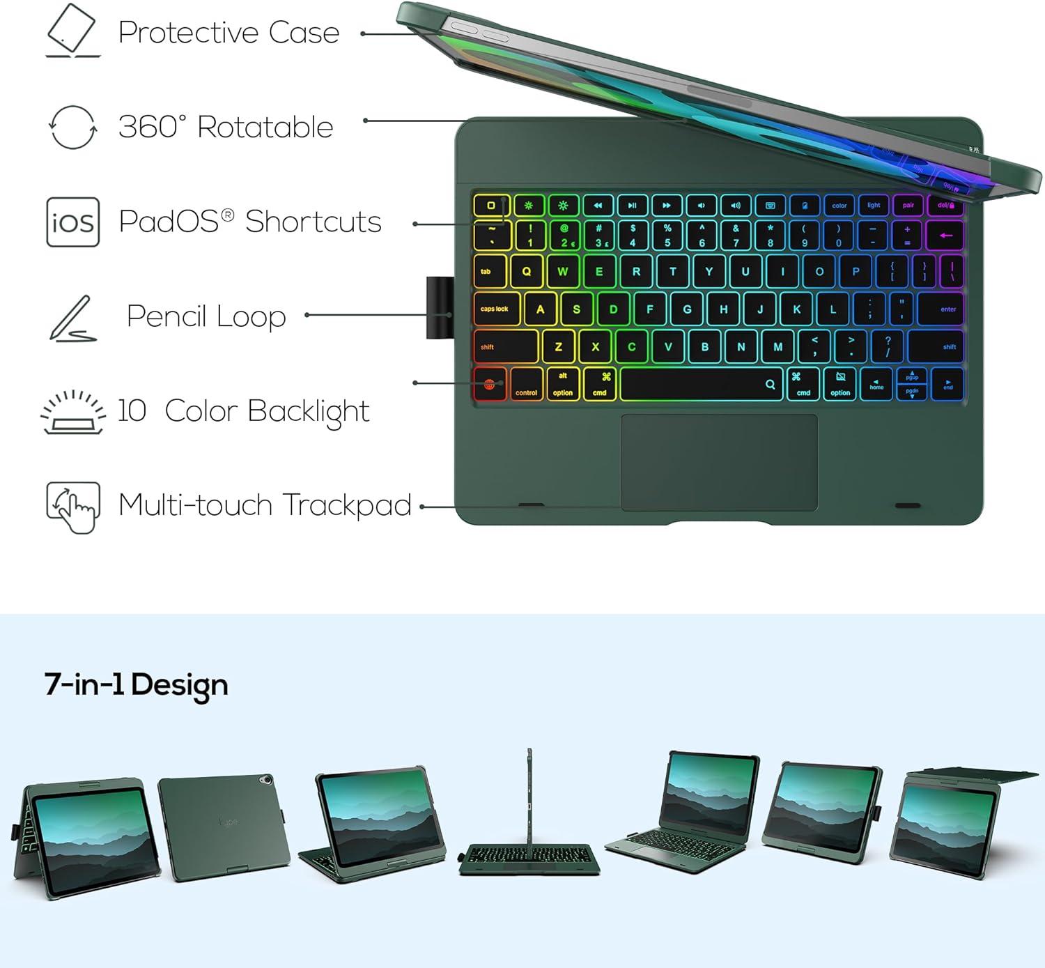 image:imagetypecase Touch Keyboard Case with Trackpad for iPad Air 11inch M3 2025  M2 2024 360Rotatable  11 Colors Backlight  Wireless Keyboard with Pencil Holder for iPad Air 5th amp 4th GenSpace GrayMidnight Green