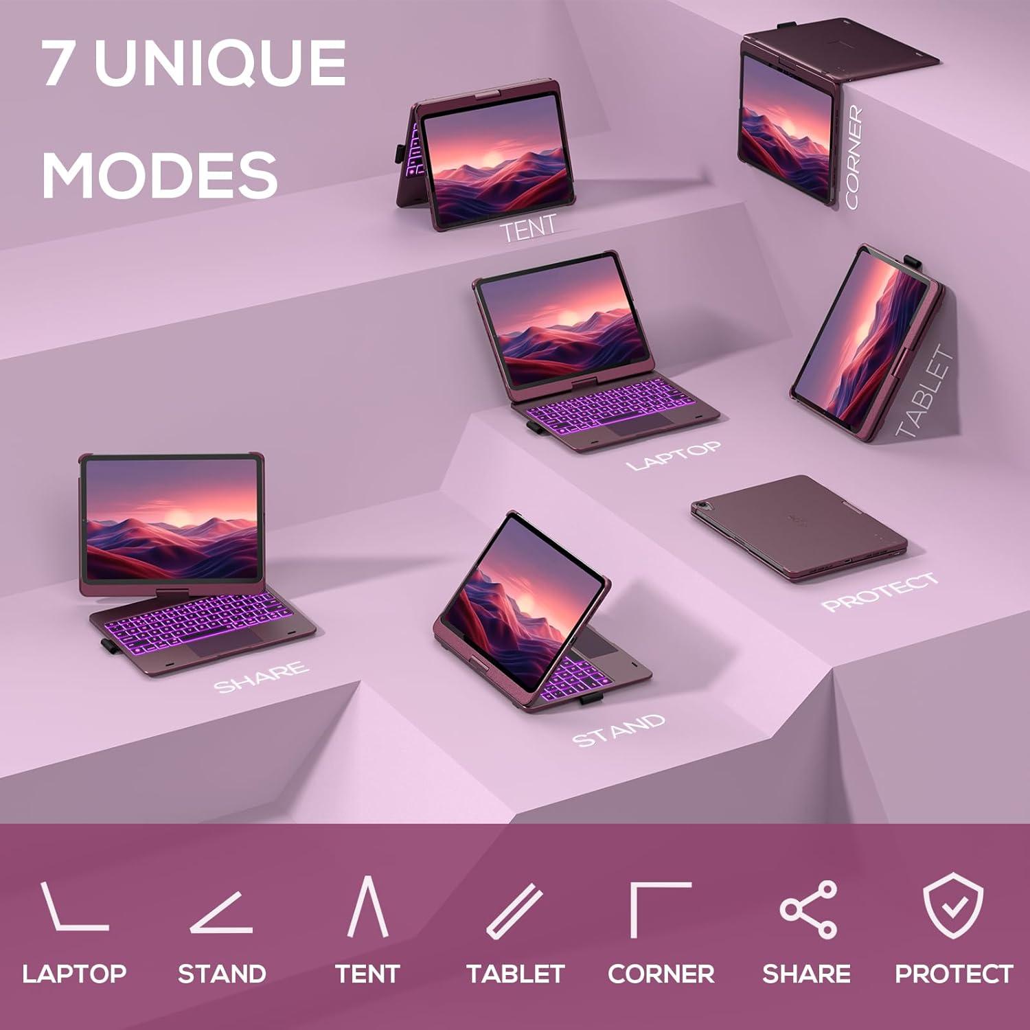 image:imagetypecase Touch Keyboard Case with Trackpad for iPad Air 11inch M3 2025  M2 2024 360Rotatable  11 Colors Backlight  Wireless Keyboard with Pencil Holder for iPad Air 5th amp 4th GenSpace GrayRaspberry