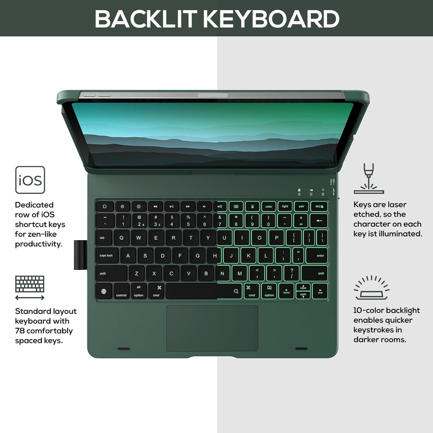 image:imagetypecase Touch Keyboard Case with Trackpad for iPad Air 11inch M3 2025  M2 2024 360Rotatable  11 Colors Backlight  Wireless Keyboard with Pencil Holder for iPad Air 5th amp 4th GenSpace GrayMidnight Green