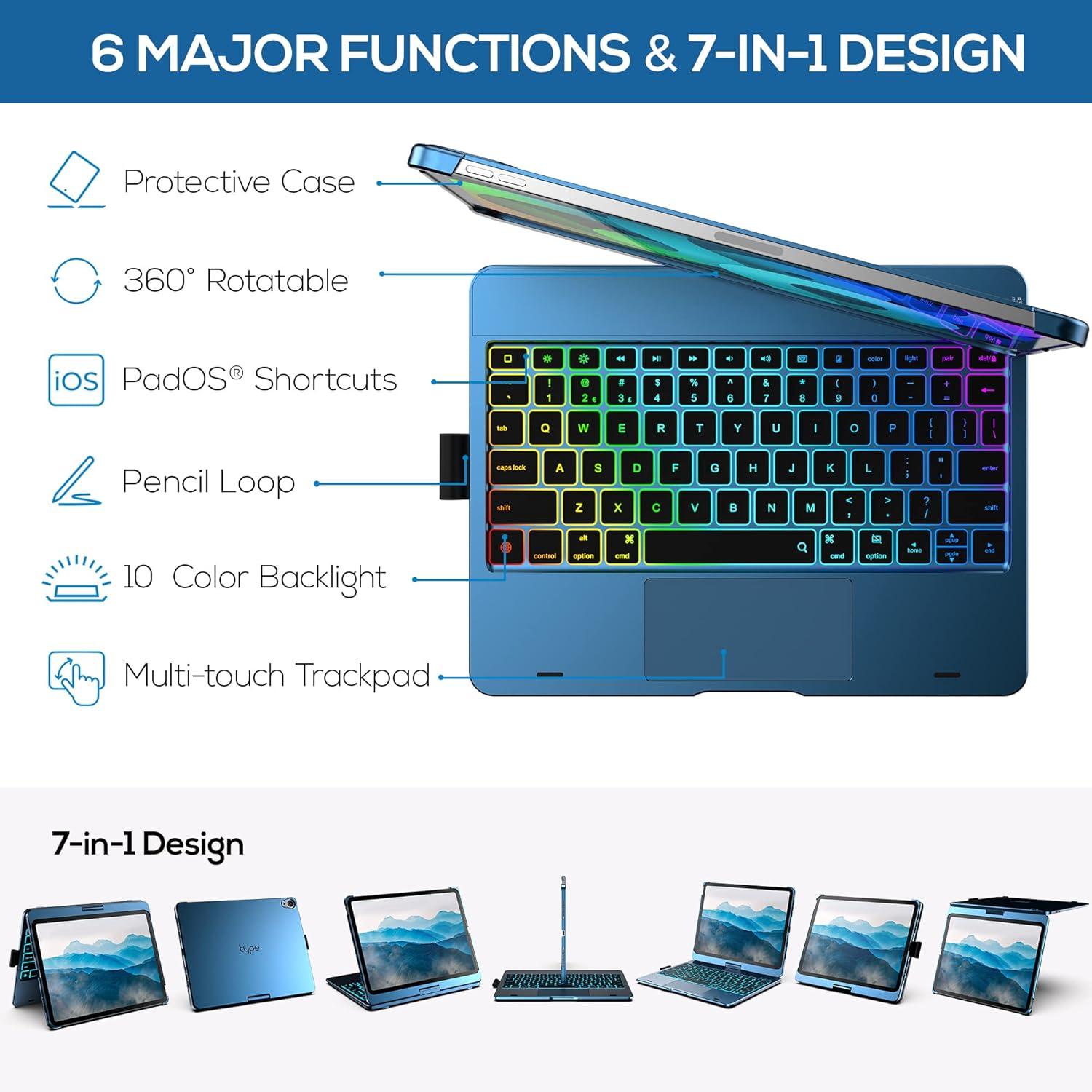 image:imagetypecase Touch Keyboard Case with Trackpad for iPad Air 11inch M3 2025  M2 2024 360Rotatable  11 Colors Backlight  Wireless Keyboard with Pencil Holder for iPad Air 5th amp 4th GenSpace GrayPacific Blue