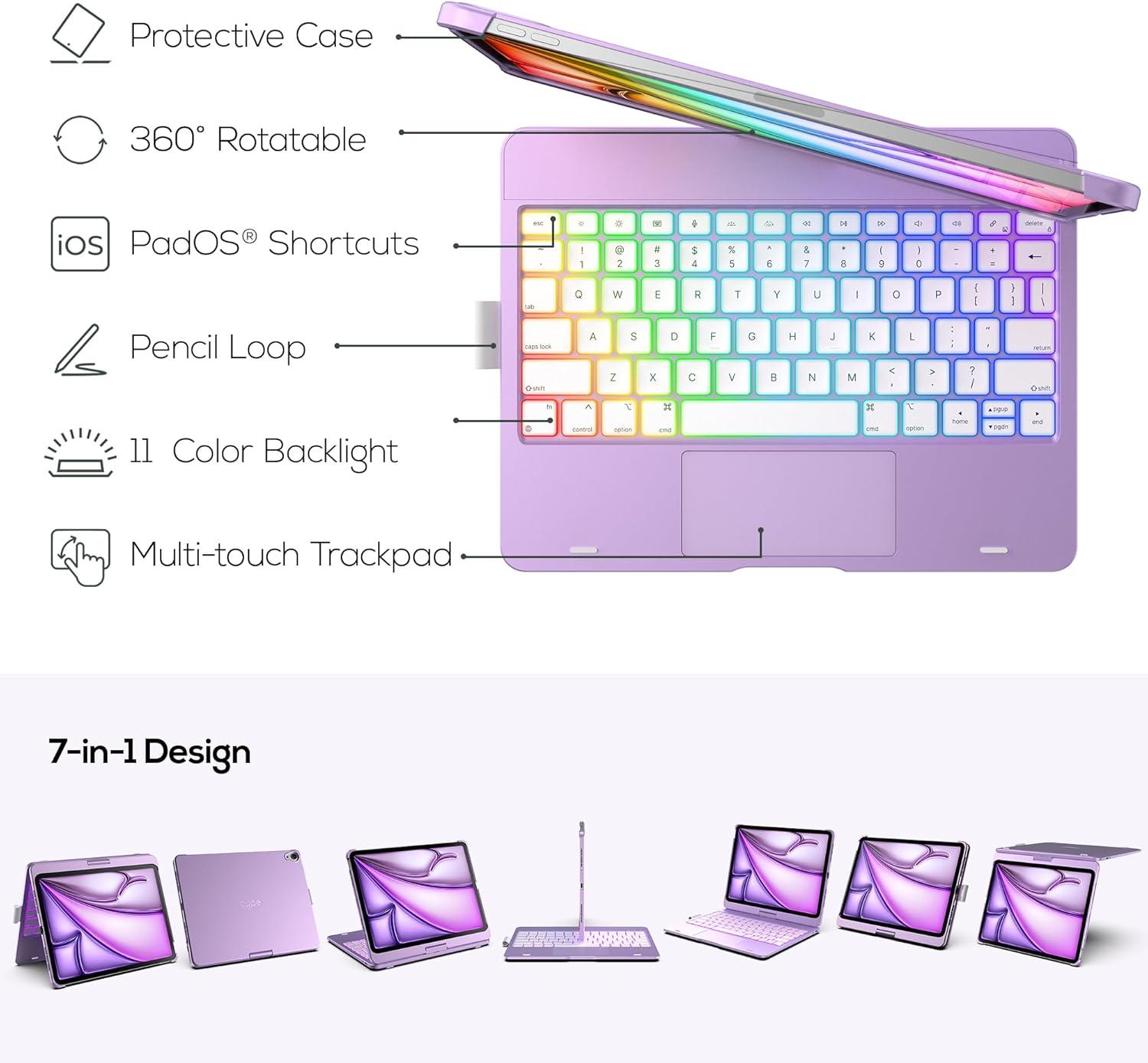 image:imagetypecase Touch Keyboard Case with Trackpad for iPad Air 11inch M3 2025  M2 2024 360Rotatable  11 Colors Backlight  Wireless Keyboard with Pencil Holder for iPad Air 5th amp 4th GenSpace GrayPurpleLilac