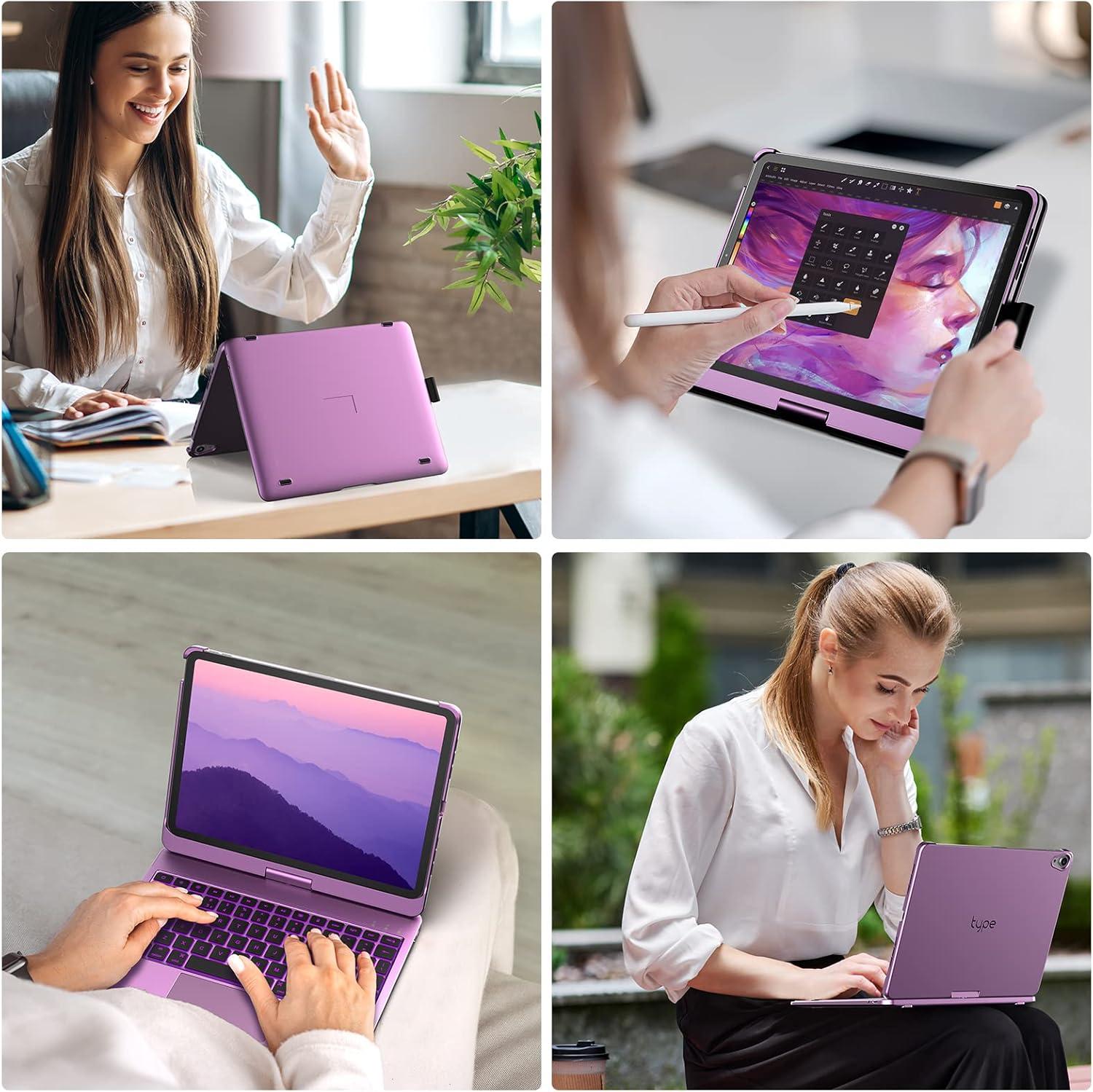 image:imagetypecase Touch Keyboard Case with Trackpad for iPad Air 11inch M3 2025  M2 2024 360Rotatable  11 Colors Backlight  Wireless Keyboard with Pencil Holder for iPad Air 5th amp 4th GenSpace GrayPurple