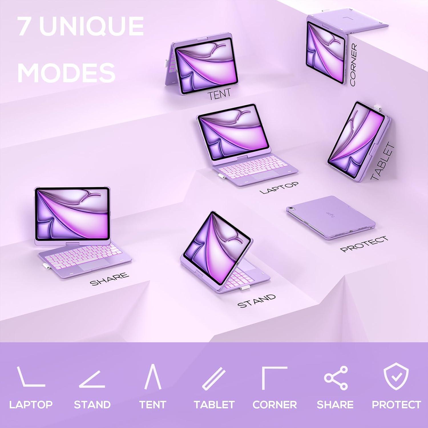 image:imagetypecase Touch Keyboard Case with Trackpad for iPad Air 11inch M3 2025  M2 2024 360Rotatable  11 Colors Backlight  Wireless Keyboard with Pencil Holder for iPad Air 5th amp 4th GenSpace GrayPurpleLilac