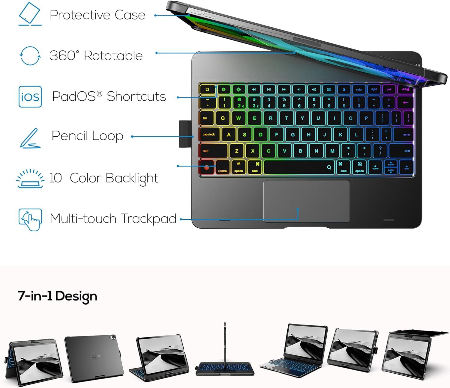 image:imagetypecase Touch Keyboard Case with Trackpad for iPad Air 11inch M3 2025  M2 2024 360Rotatable  11 Colors Backlight  Wireless Keyboard with Pencil Holder for iPad Air 5th amp 4th GenSpace GraySpace Gray