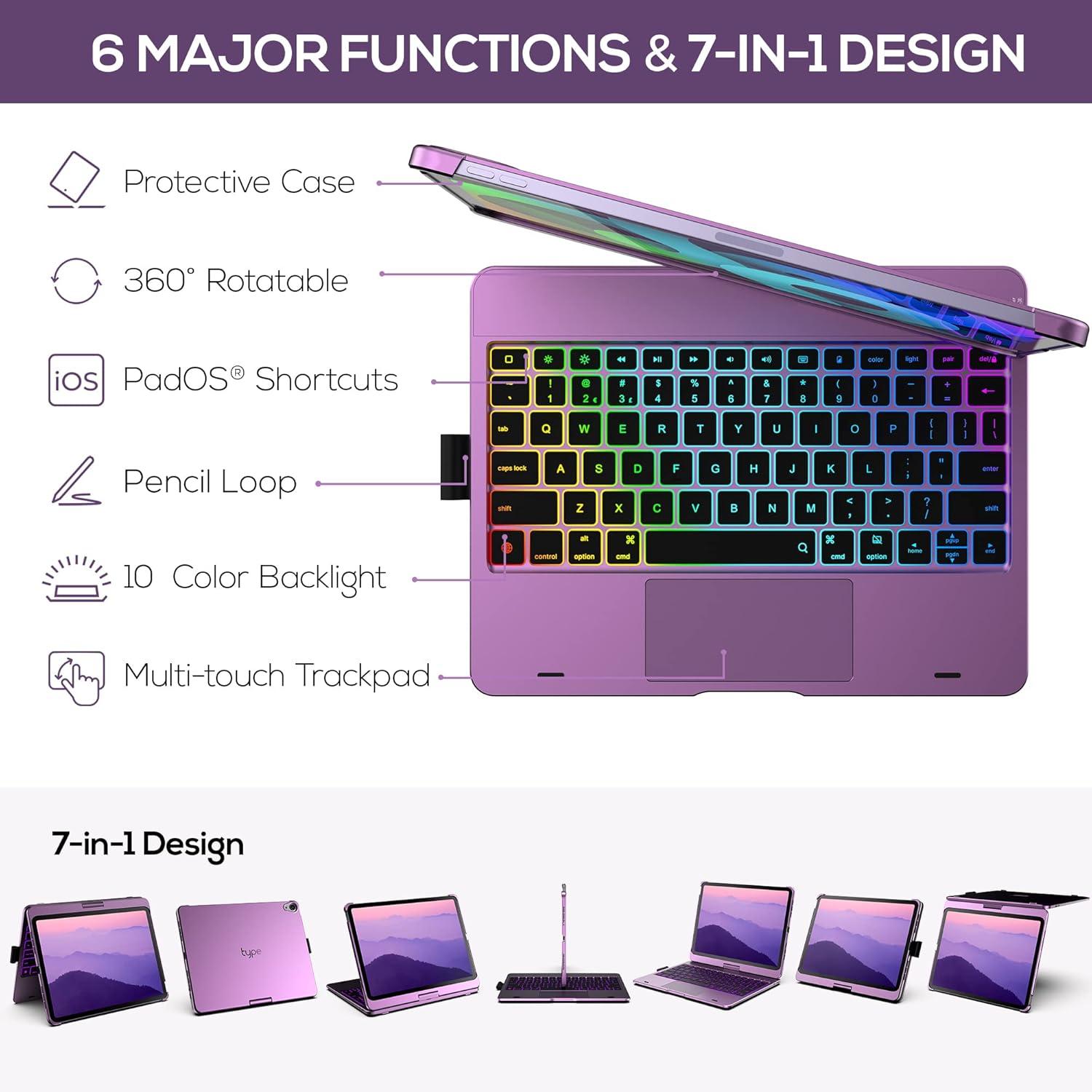 image:imagetypecase Touch Keyboard Case with Trackpad for iPad Air 11inch M3 2025  M2 2024 360Rotatable  11 Colors Backlight  Wireless Keyboard with Pencil Holder for iPad Air 5th amp 4th GenSpace GrayPurple