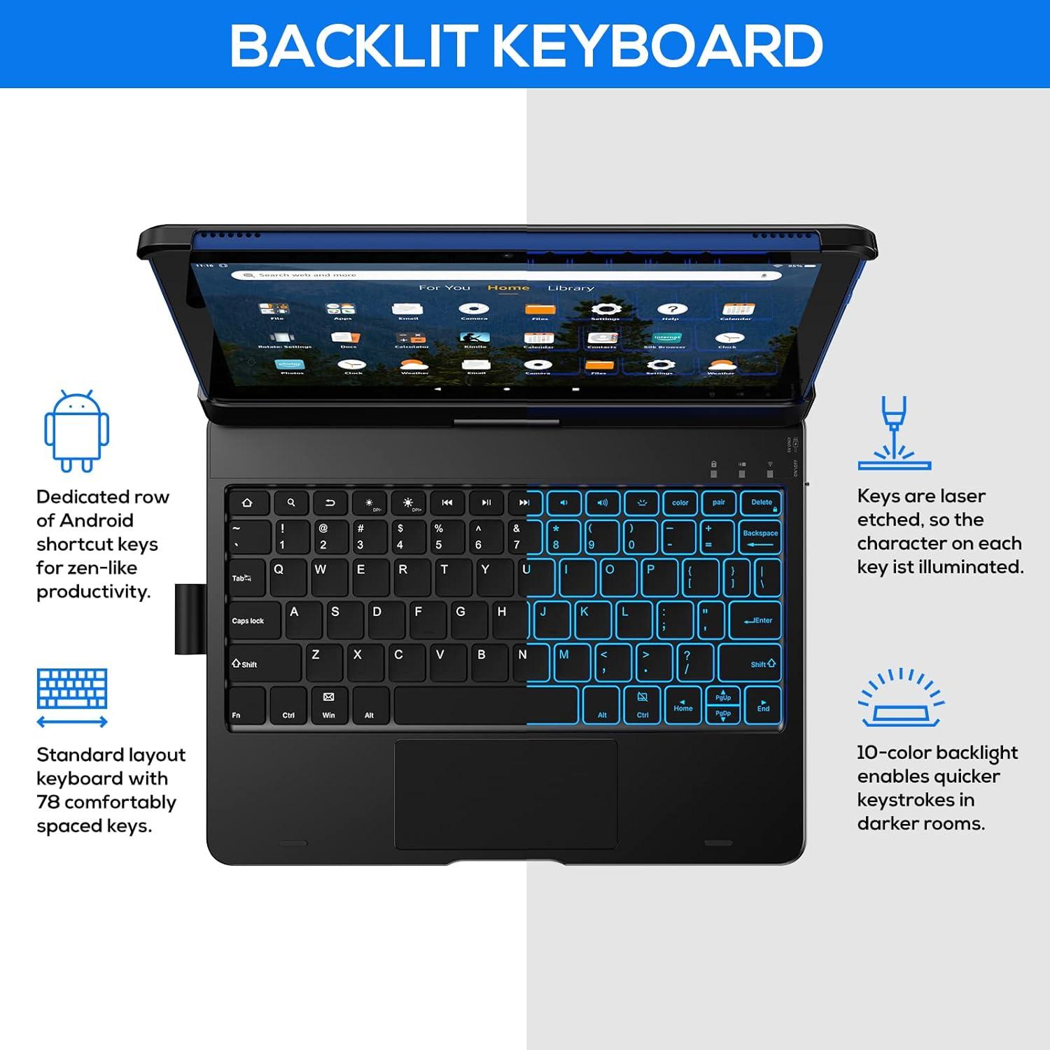 image:imagetypecase Touch Keyboard for Kindle Fire HD 10 amp HD 10 Plus 2021 11th Generation  Touchpad  360 Rotatable  Wireless  10 Colors Backlight  Compatible with Prestige Elite 10QS  Black