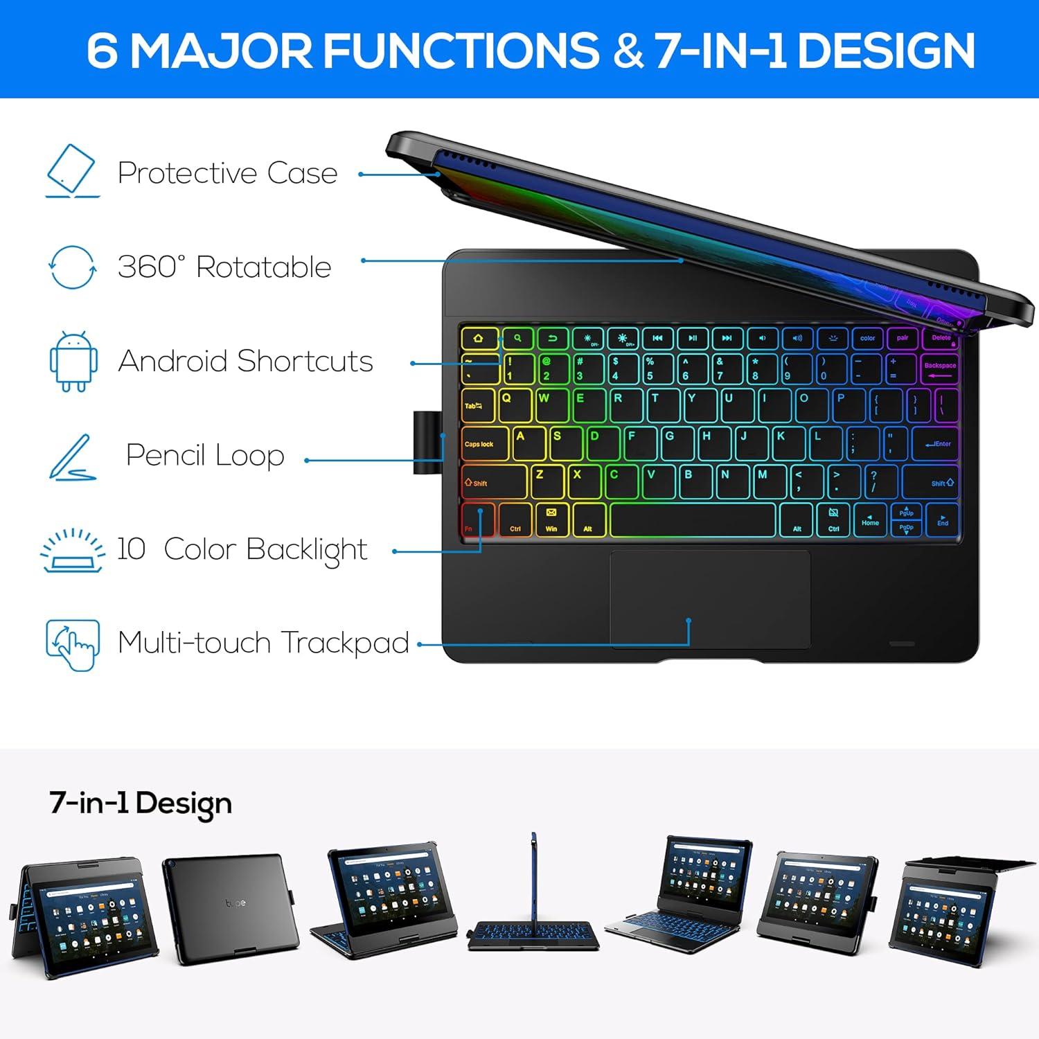 image:imagetypecase Touch Keyboard for Kindle Fire HD 10 amp HD 10 Plus 2021 11th Generation  Touchpad  360 Rotatable  Wireless  10 Colors Backlight  Compatible with Prestige Elite 10QS  Black