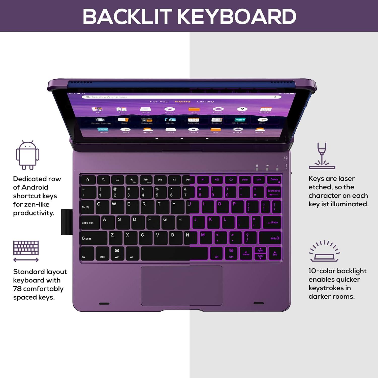 image:imagetypecase Touch Kindle Fire HD 10HD 10 Plus Keyboard 2021 11th Gen  MultiTouch Trackpad  360 Rotatable  Wireless  10 Colors Backlight  Thin  Compatible with Prestige Elite 10QS  Purple