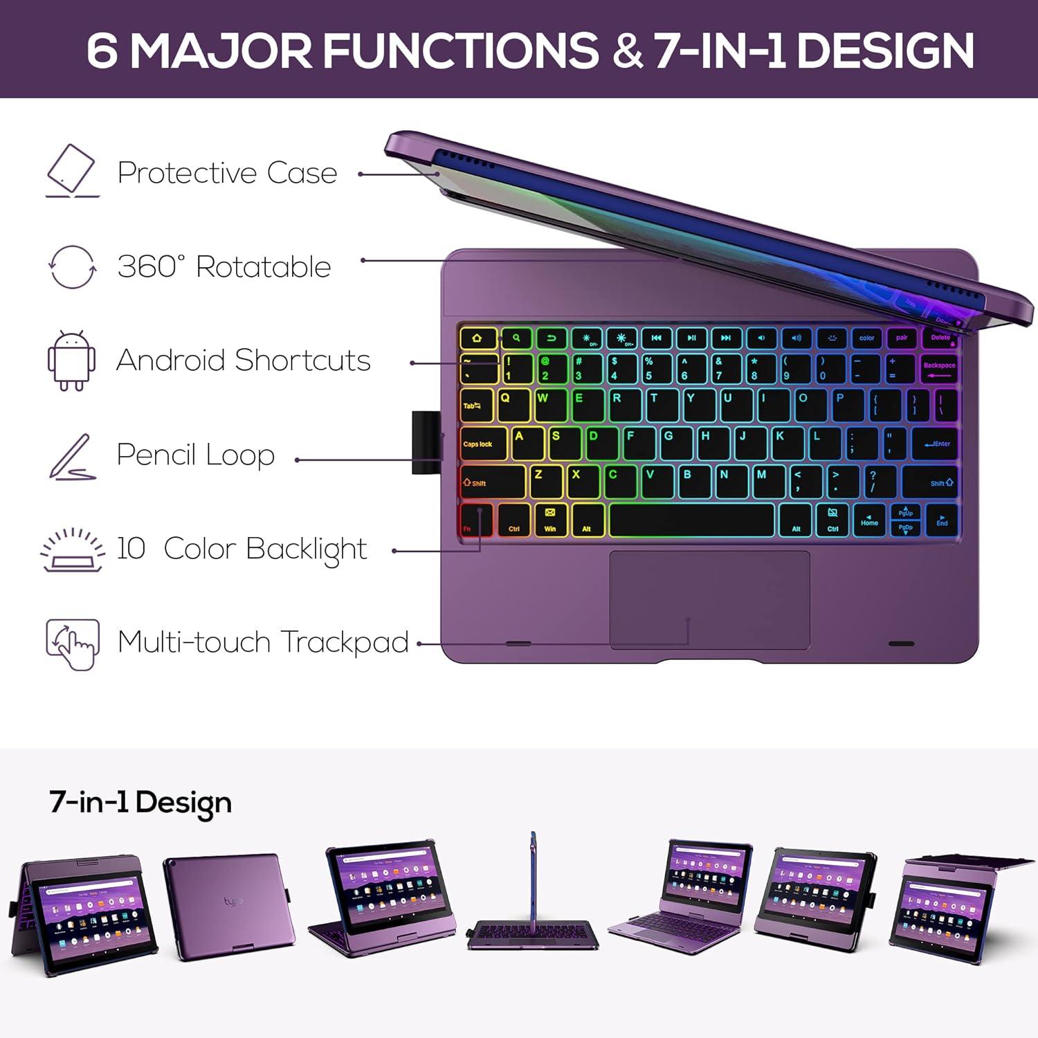 image:imagetypecase Touch Kindle Fire HD 10HD 10 Plus Keyboard 2021 11th Gen  MultiTouch Trackpad  360 Rotatable  Wireless  10 Colors Backlight  Thin  Compatible with Prestige Elite 10QS  Purple