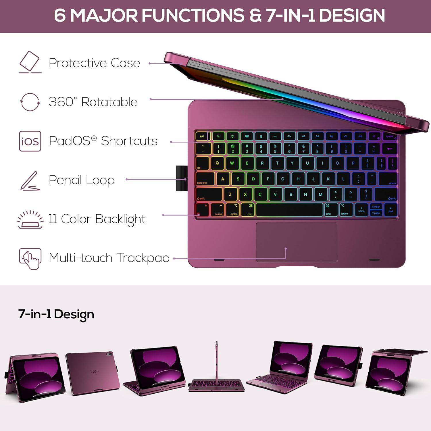 image:imagetypecase Touch iPad 11th 10th Generation Case with Keyboard 11 2025 A16 amp 109 2022  360 Rotatable 11Color Backlit MultiTouch Trackpad Pencil Holder Thin amp Light  BlackRaspberry