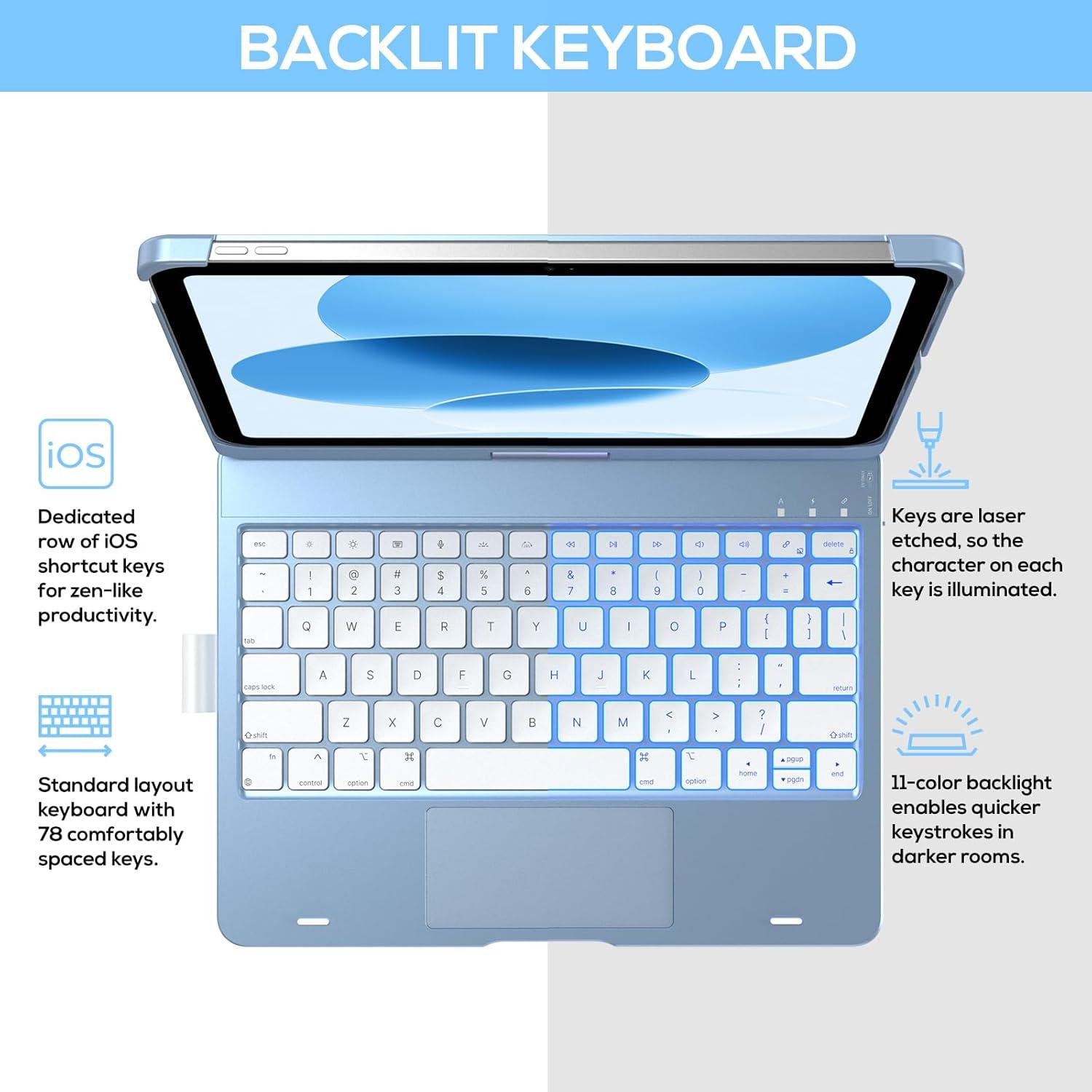 image:imagetypecase Touch iPad 11th 10th Generation Case with Keyboard 11 2025 A16 amp 109 2022  360 Rotatable 11Color Backlit MultiTouch Trackpad Pencil Holder Thin amp Light  BlackSky Blue