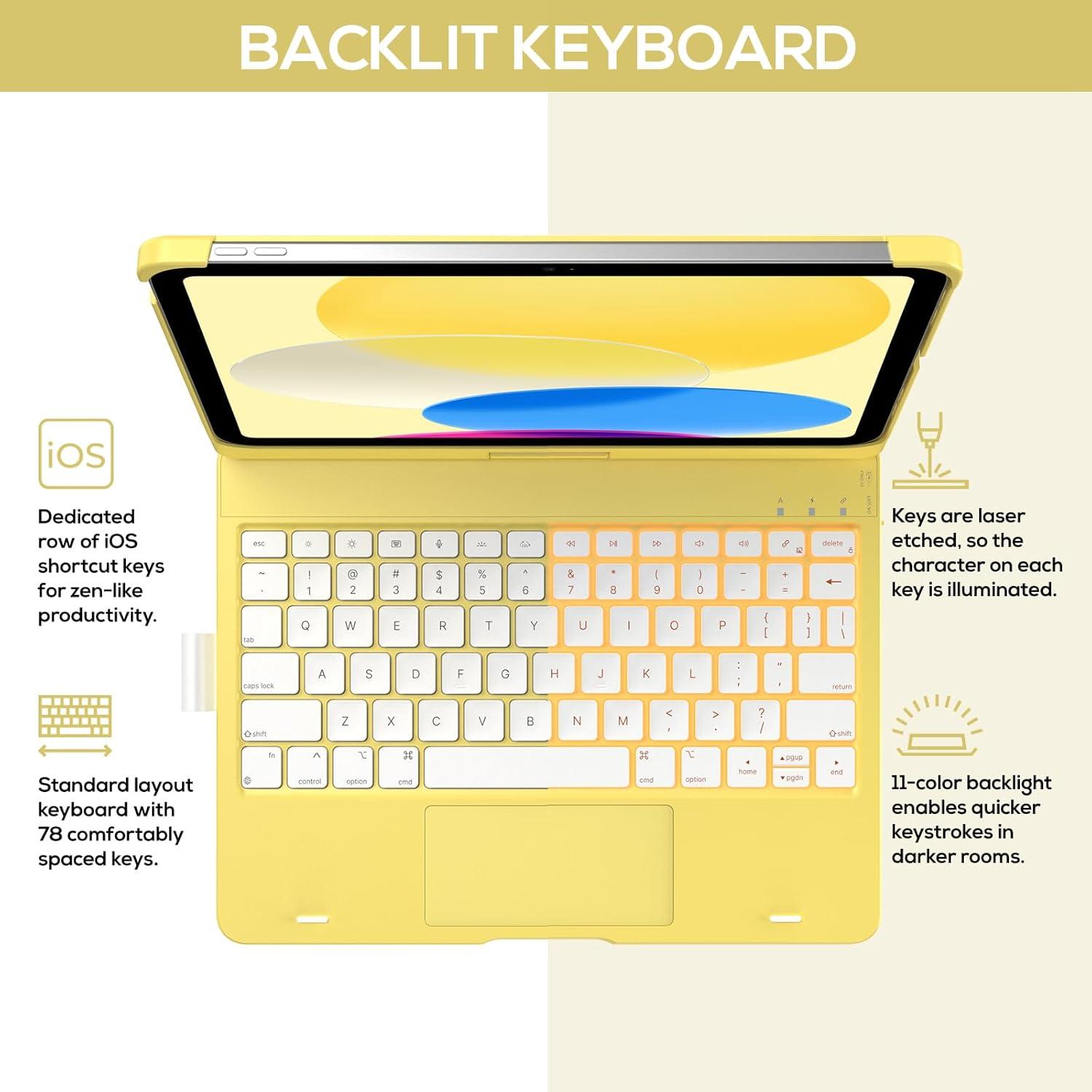 image:imagetypecase Touch iPad 11th 10th Generation Case with Keyboard 11 2025 A16 amp 109 2022  360 Rotatable 11Color Backlit MultiTouch Trackpad Pencil Holder Thin amp Light  BlackYellow