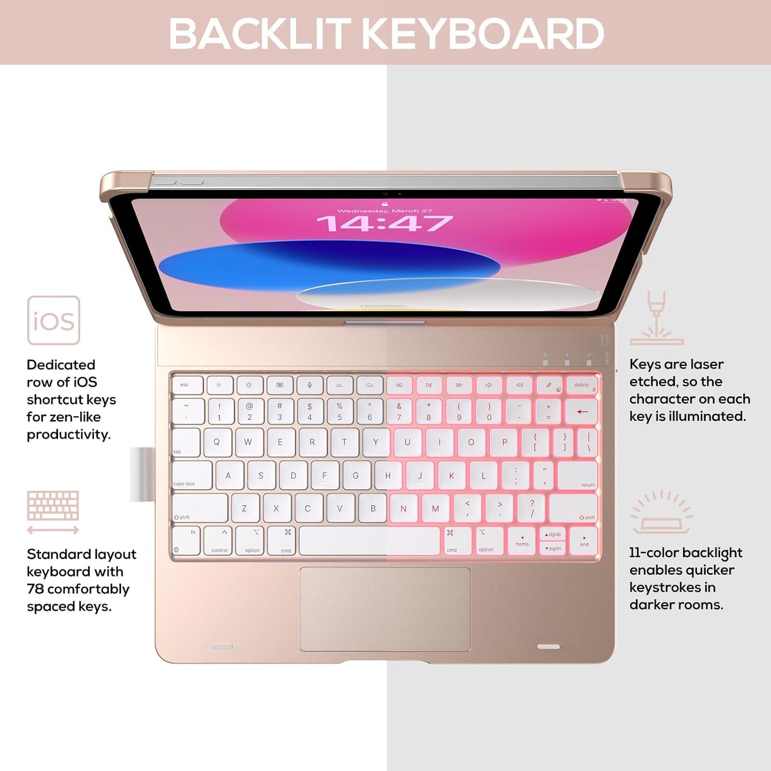 image:imagetypecase Touch iPad 11th 10th Generation Case with Keyboard 11 2025 A16 amp 109 2022  360 Rotatable 11Color Backlit MultiTouch Trackpad Pencil Holder Thin amp Light  BlackRose Gold