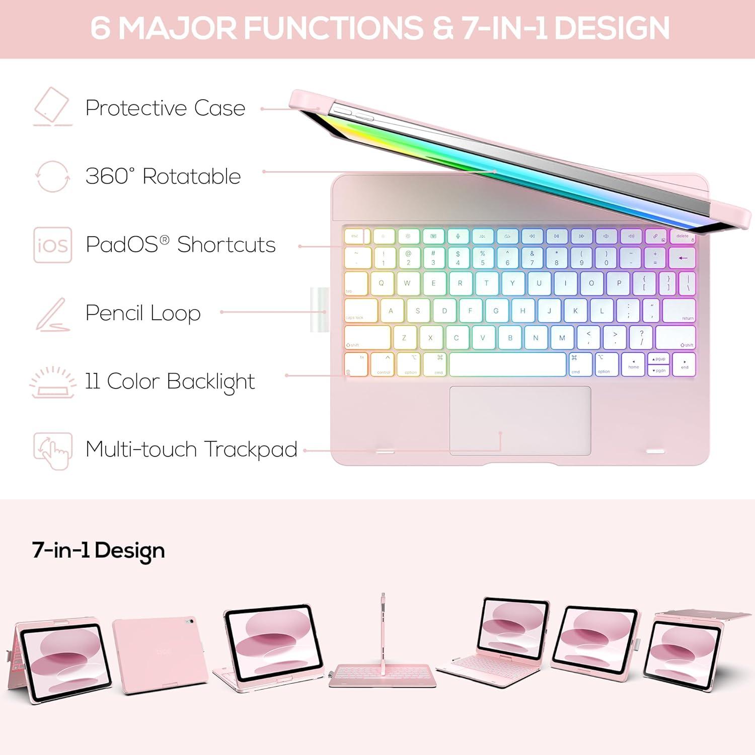 image:imagetypecase Touch iPad 11th 10th Generation Case with Keyboard 11 2025 A16 amp 109 2022  360 Rotatable 11Color Backlit MultiTouch Trackpad Pencil Holder Thin amp Light  BlackLight Pink