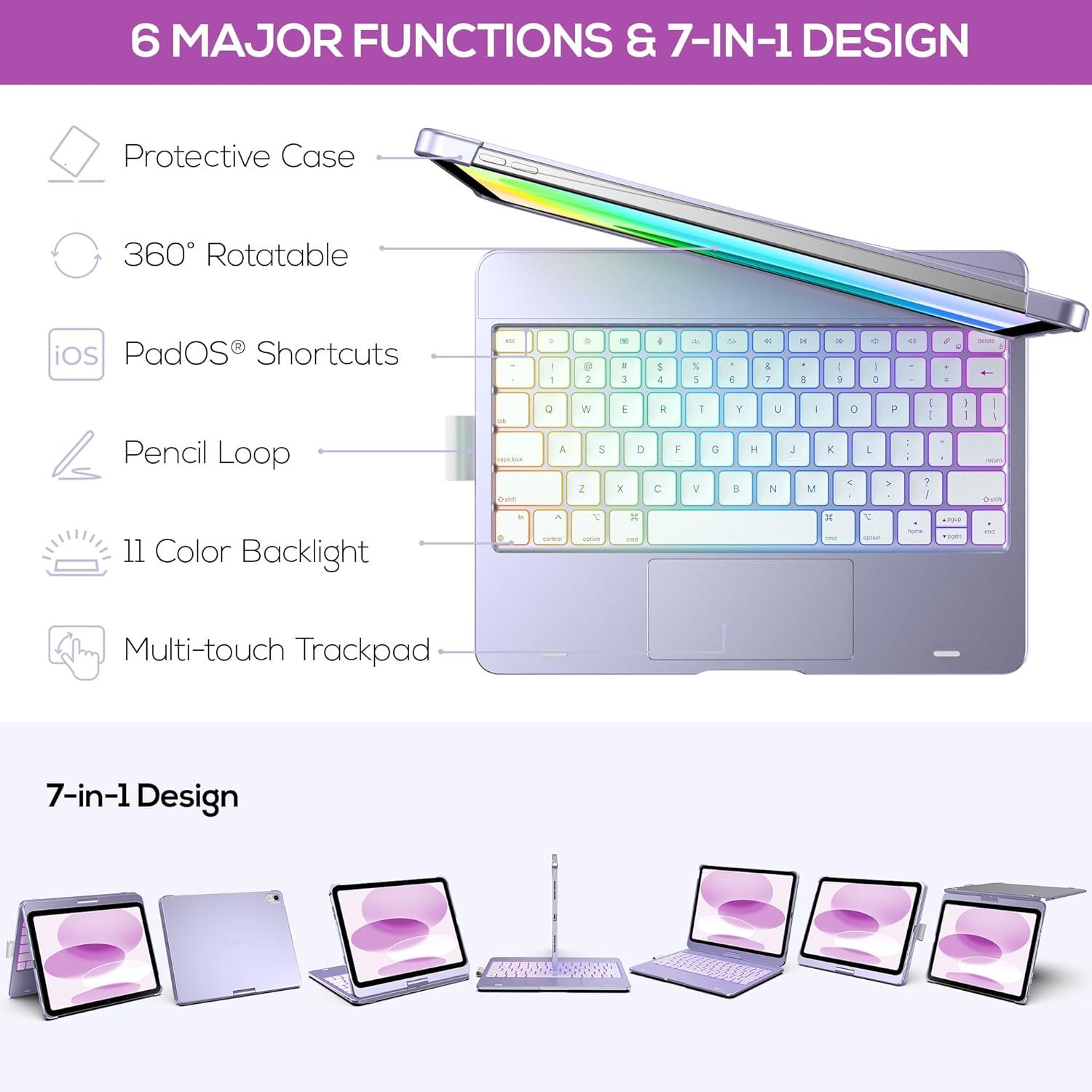 image:imagetypecase Touch iPad 11th 10th Generation Case with Keyboard 11 2025 A16 amp 109 2022  360 Rotatable 11Color Backlit MultiTouch Trackpad Pencil Holder Thin amp Light  Black Light Purple
